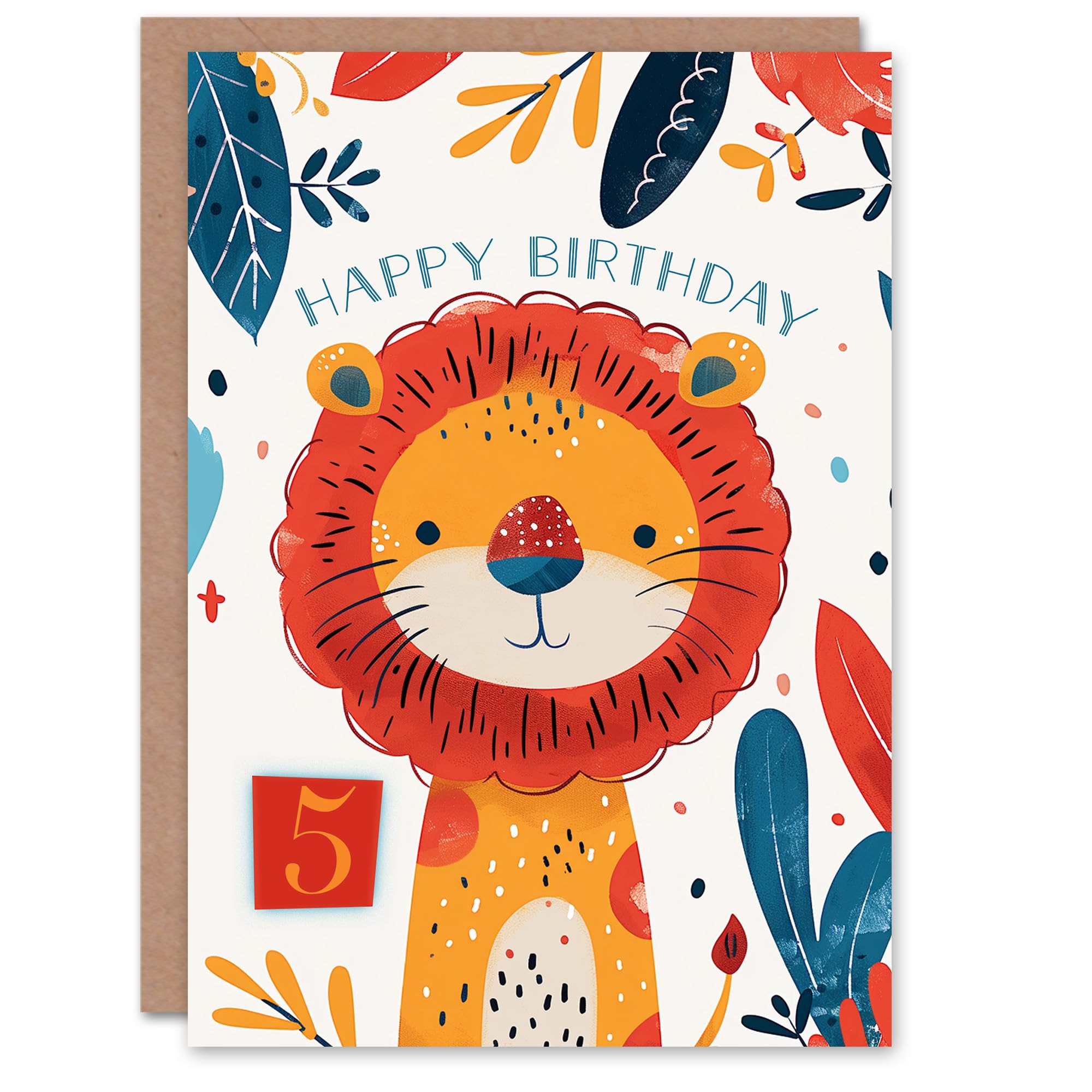 Artery8 Birthday Card Cute Jungle Lion Bright Cartoon Drawing 5th 5 Year Old For Child Kids Son Daughter Greeting Card