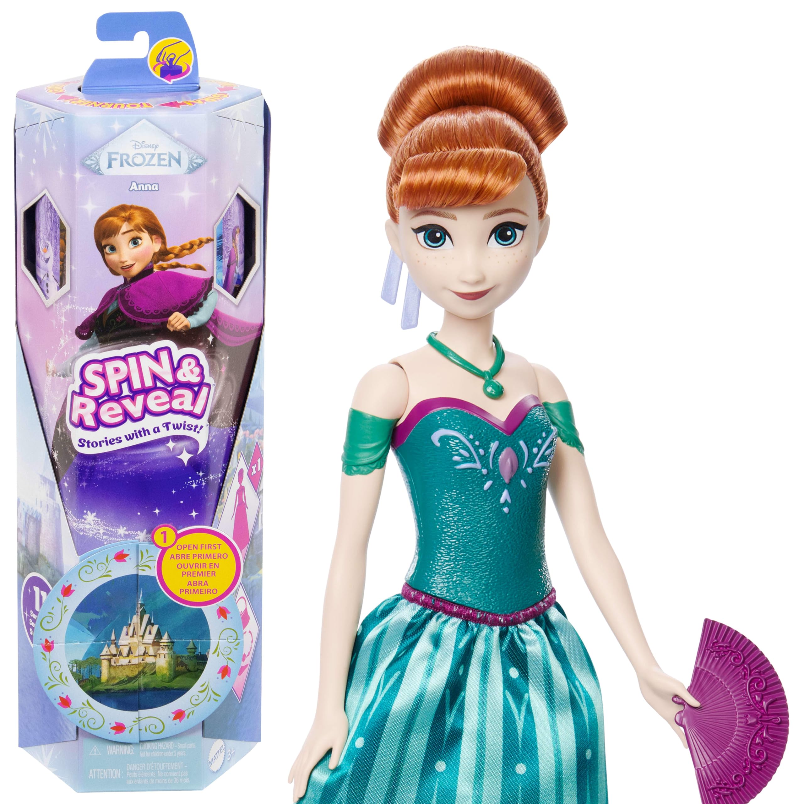 Mattel Disney Die Eiskönigin Anna Modepuppen-Set, Spin & Reveal mit 11 Überraschungen, darunter 5 Accessoires, 5 Aufkleber und eine Szene zum Spielen, vom Disney-Film inspiriert, JBG60