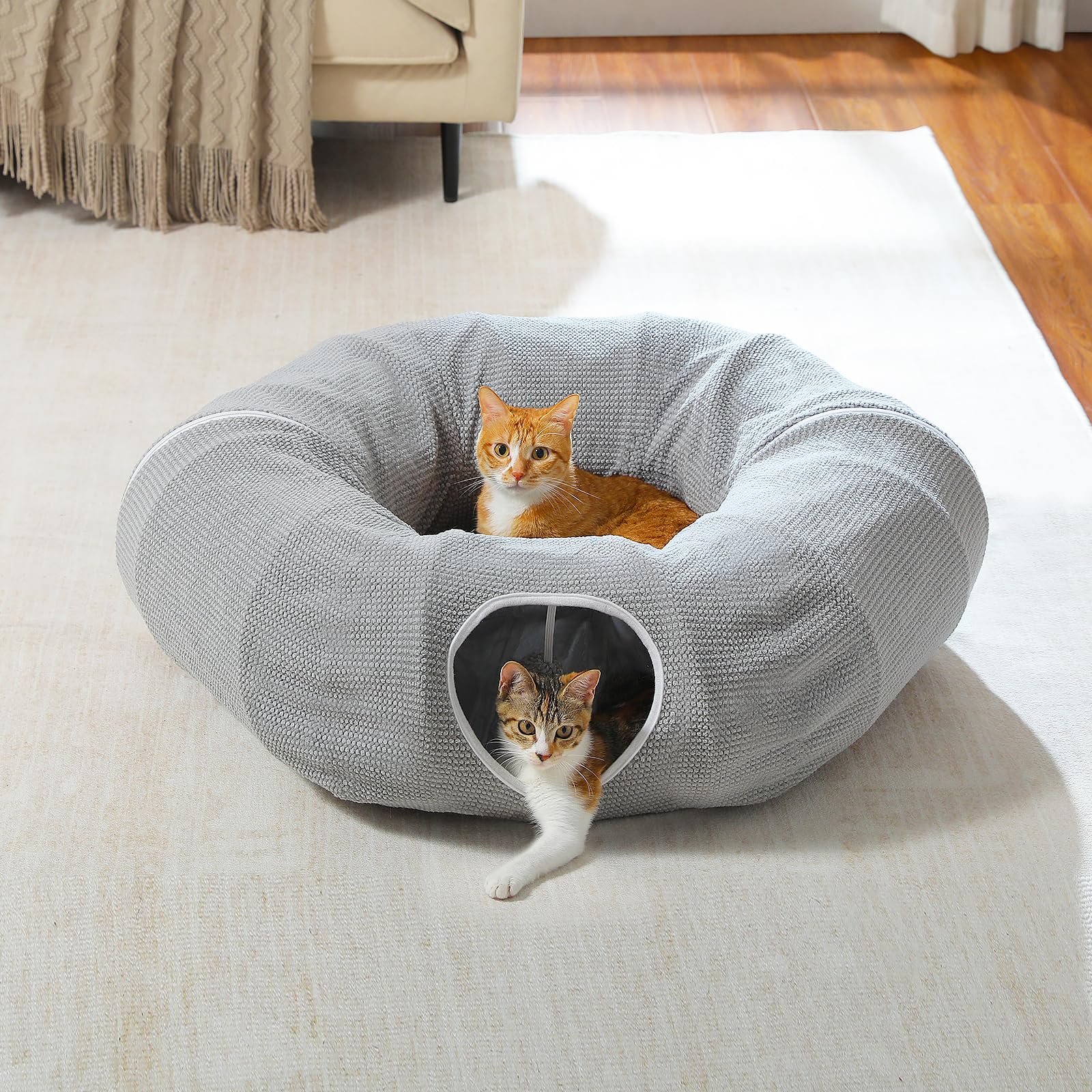 PAWZ Road Túnel de peluche para gatos, túnel de conejo, juguete para gatos, 2 en 1, forma circular, túnel para gatos y cama para gatos, diámetro de 85 cm, color gris
