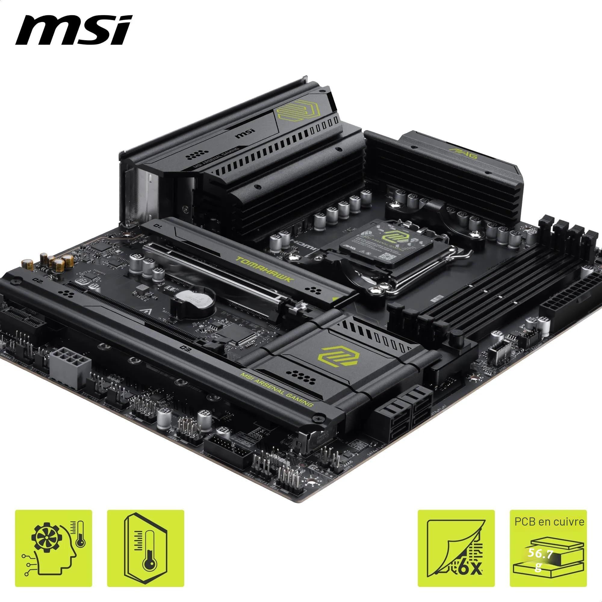 MSI MAG B850 Tomahawk WiFi Carte mère, ATX - pour processeurs AMD Ryzen 9000/8000 / 7000, AM5 - VRM 80A SPS, DDR5 Memory Boost 8200+MT/s (OC), PCIe 5.0 x16, M.2 Gen5, Wi-FI 7, 5G LAN