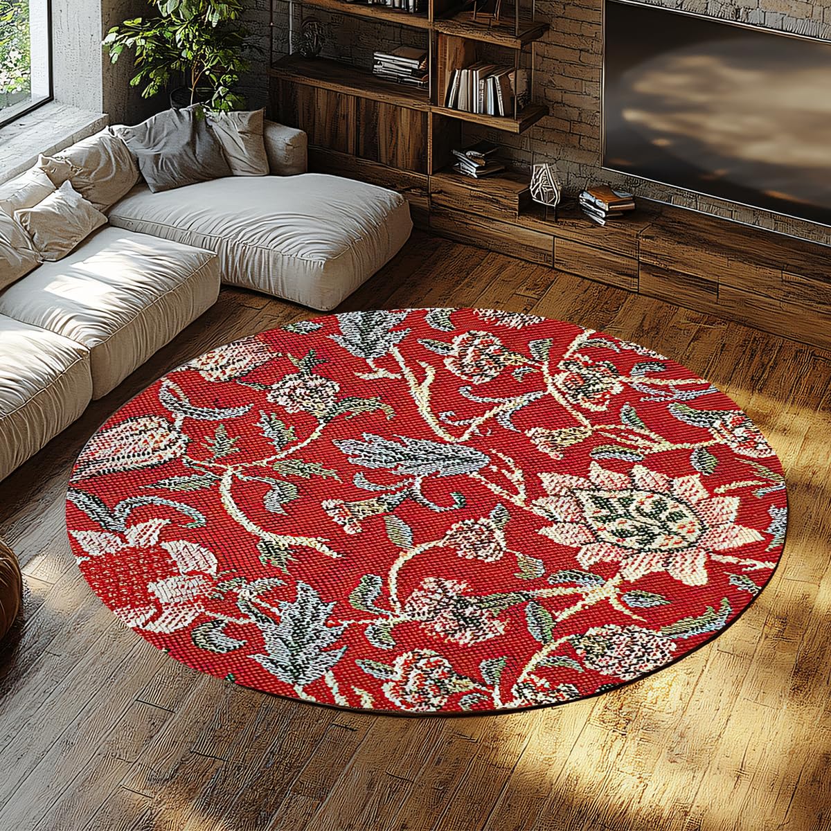 Tapis rond floral au design oriental vintage rouge de 80cm pour sublimer votre décoration