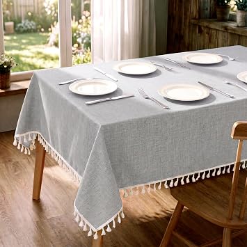 Table Cloth Rectangle, 55x86 Inches Tassel Linen Look Waterproof Farmhouse Tablecloths Rectangular Indoor/Outdoor, Wrinkle Free Table Cloths Cover for 8 Ft Tables Kitchen/Party/Wedding