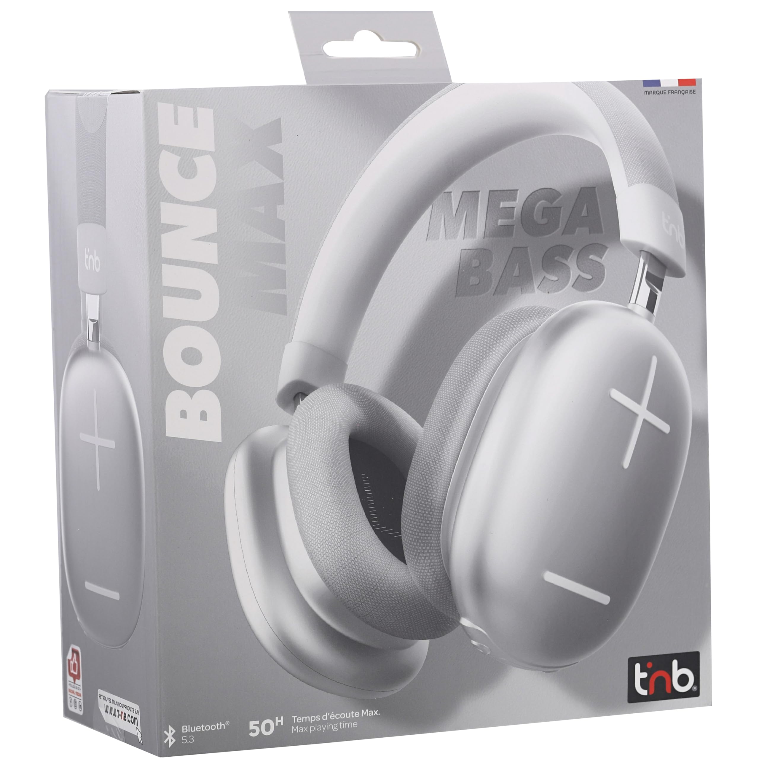 T'nB Bounce Max - Casque sans Fil Circum-aural Nouvelle Version, Confortable et Englobant, avec Connexion Bluetooth, Son Stéréo avec Micro Intégré, Autonomie Jusqu’à 50 Heures – Silver