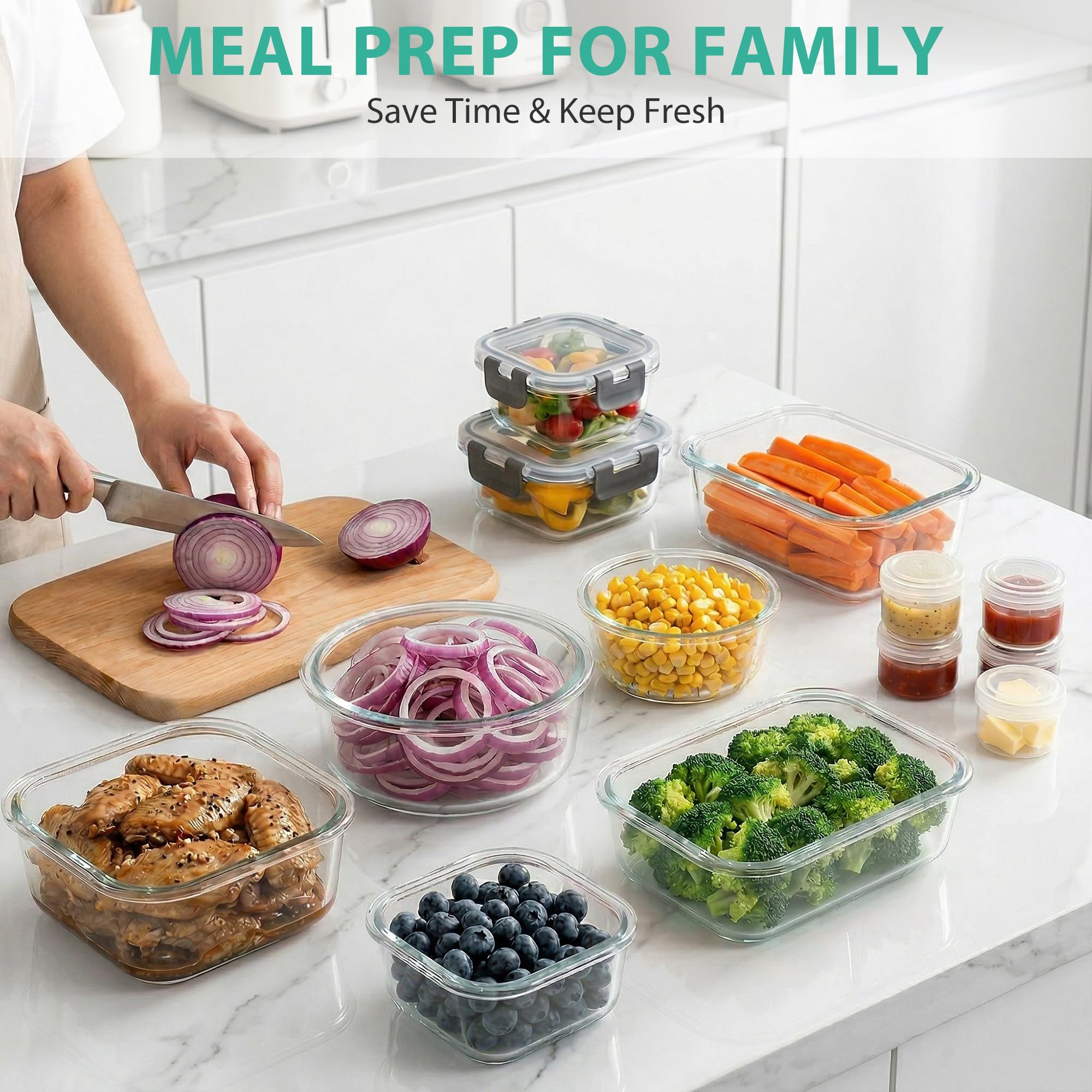 AMALEKO Juego de 34 recipientes de vidrio para almacenamiento de alimentos con tapas, recipientes herméticos de vidrio para preparación de comidas, contenedor de almuerzo a prueba de fugas, sin BPA