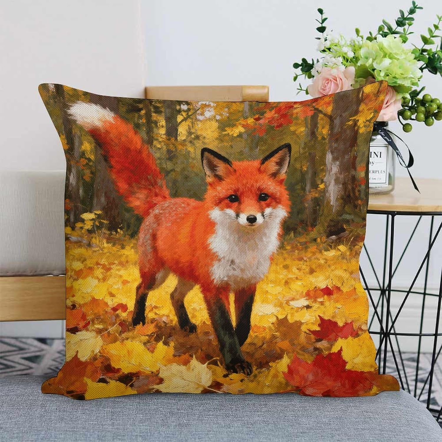 Maple Forest Fox Shadow Pillow Protectors Cute Waterproof Pillow Cover Soft Skin-Friendly Cushion Case Decorative Square Cushion Cover for Couch Sofa Bed Living Room Bedroom
