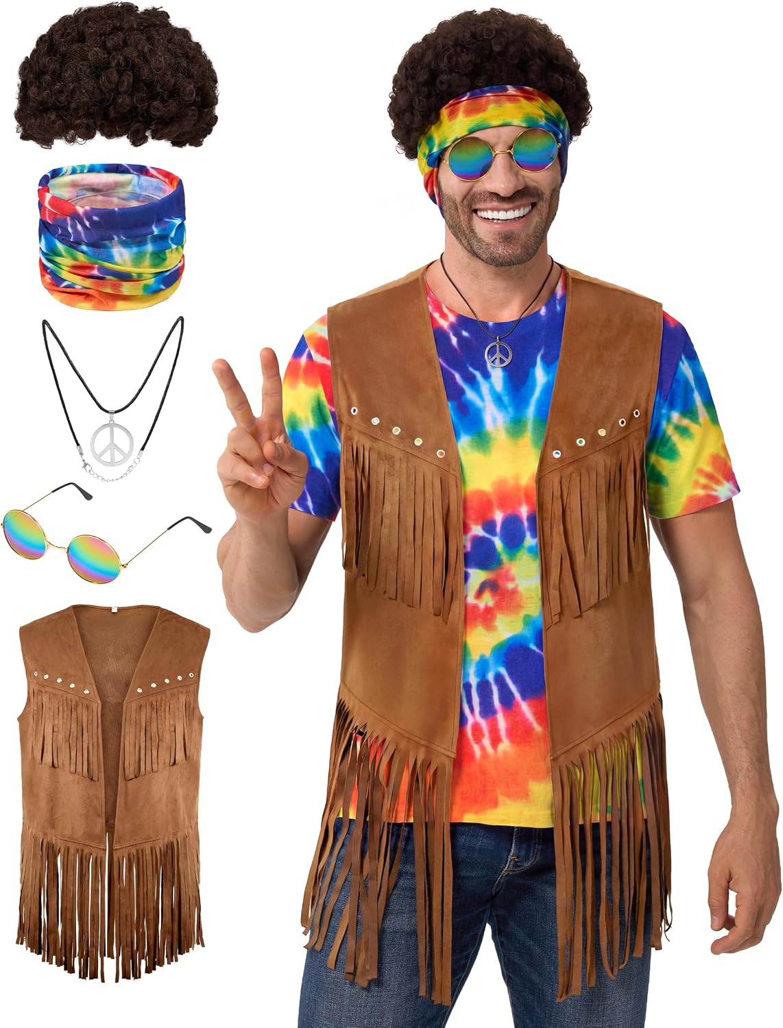 Spooktacular Creations 5 Pcs Halloween Men Hippie Vest Costume