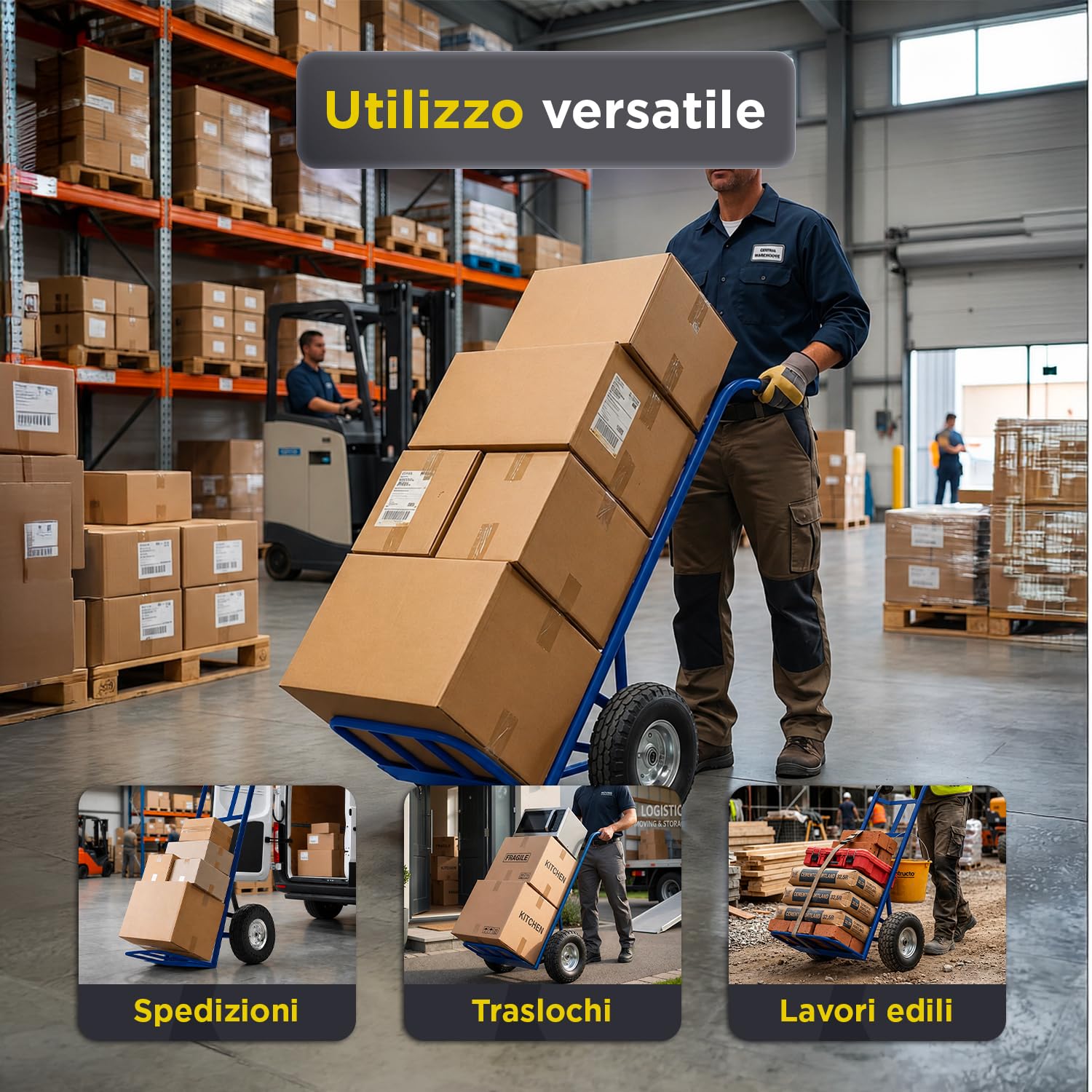 Avilia - Carrello Portapacchi con 2 Ruote Pneumatiche – Struttura in Metallo, 250 kg | Carrello Saliscale con Manico Ergonomico, Multiuso Traslochi, Edilizia, Terreno (Blu, Chilogrammi, 250)