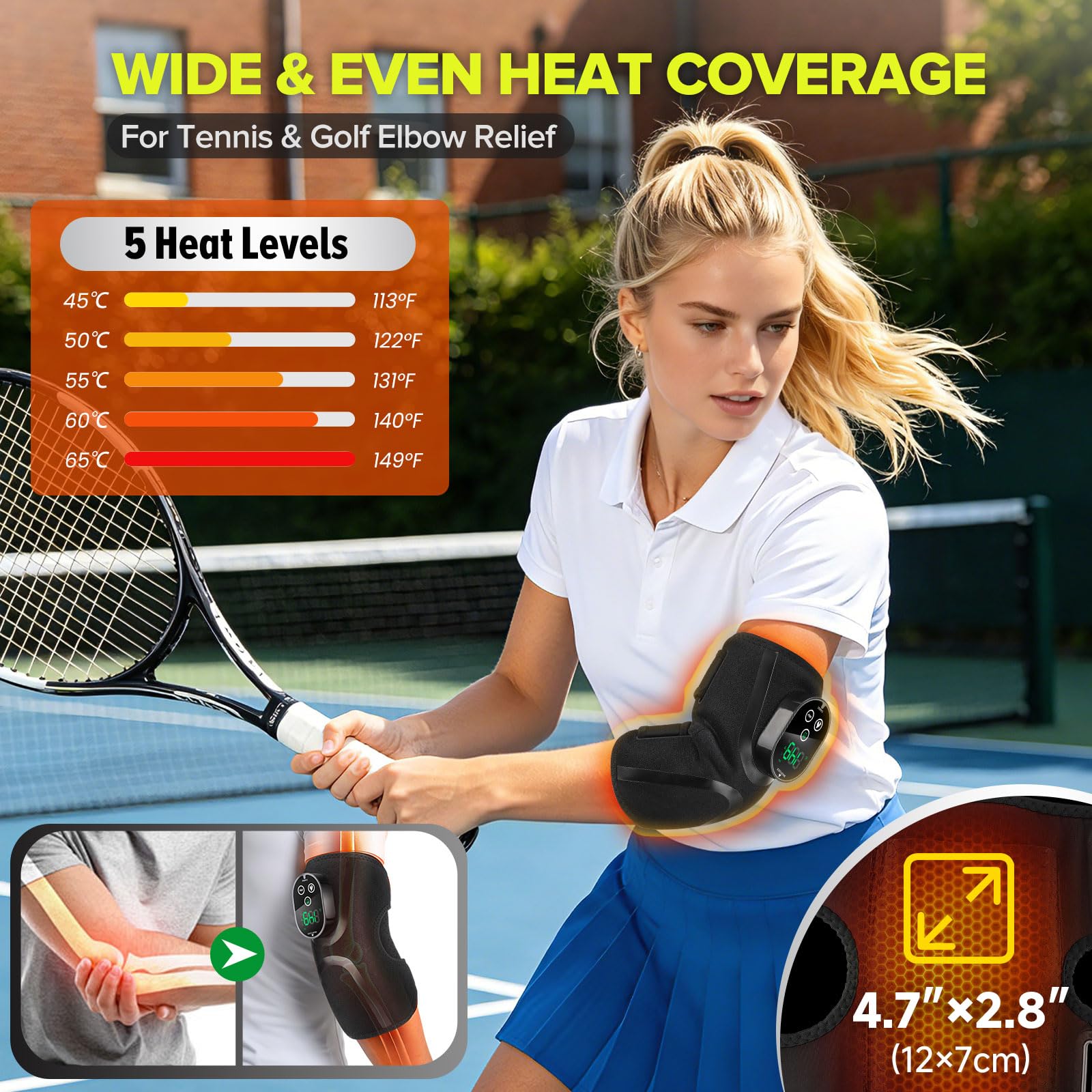 Coudière chauffante avec massage par vibration, 5 niveaux de chaleur et 3 modes de vibration, coussin chauffant électrique pour coude de tennis et de golfeur, tendinite, arthrite, soulagement des