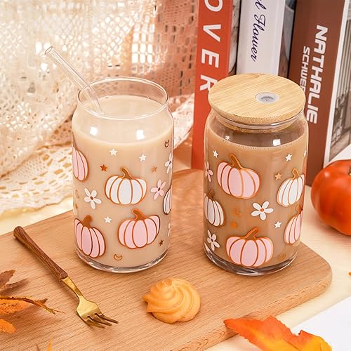 Miniatura 5 de Whaline Paquete de 2 vasos de otoño de 16 onzas con diseño de calabaza, flor y estrella, taza de café helado de calabaza rosa y blanca con tapa,