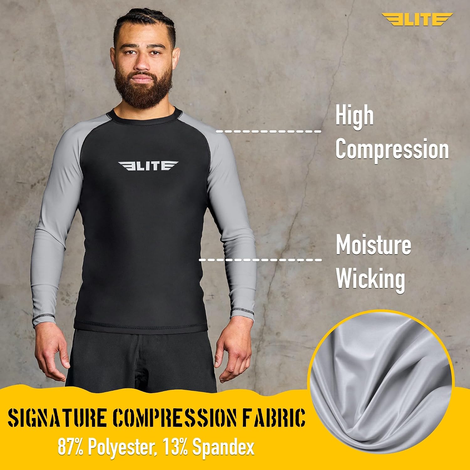 Elite Sports Men's Jiu Jitsu BJJ Rash Guard, Long Full Sleeve Compression Shirt for Sports Nogi Training image 3