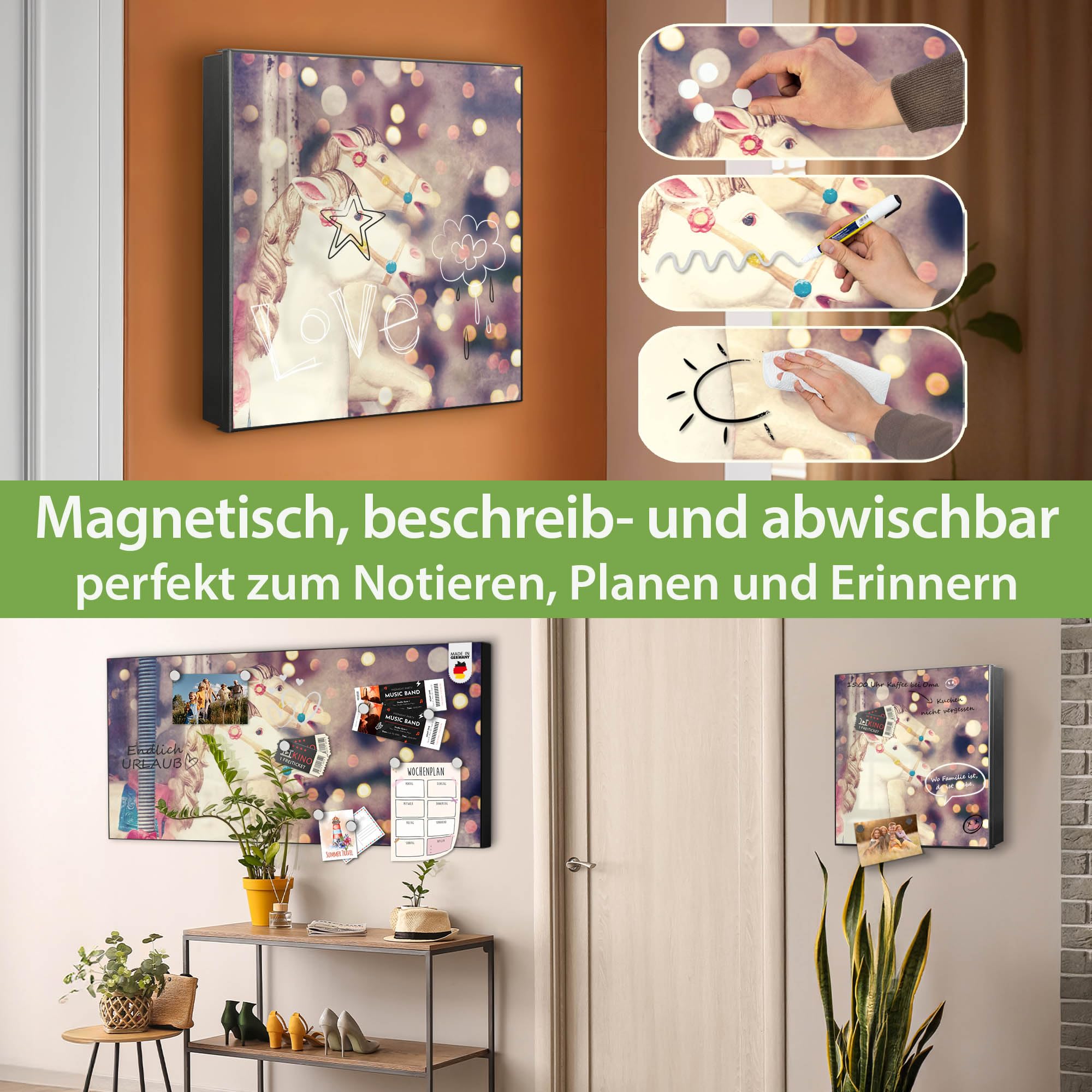banjado Großer Schlüsselkasten Metall - Schlüsselbox 30x30cm beschreibbarer mit 32 Haken - Schlüsselkasten modern für Schlüsselaufbewahrung - Korpus Schwarz Scharnier Links - Motiv Kinderkarussell