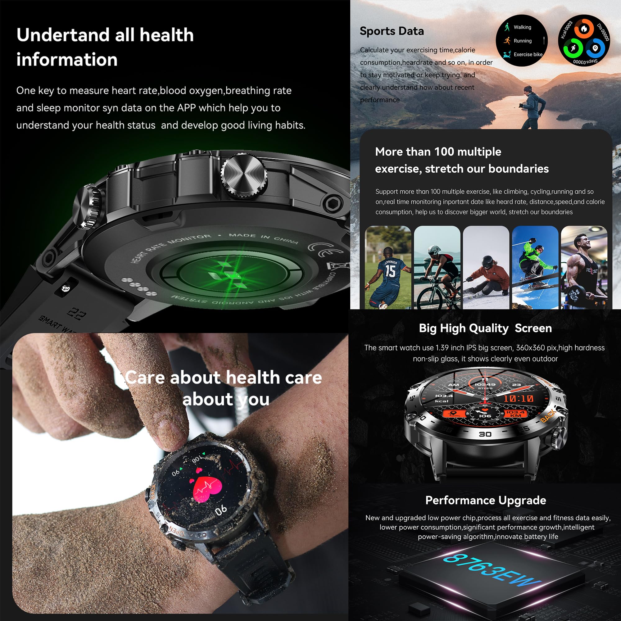 Smartwatch Uomo 1,39” AMOLED Chiamate e Risposta Bluetooth, 3 Bracciali, 123 Sport Smartwatch Cardiofrequenzimetro Pressione Sanguigna Monitoraggio del Sonno Orologio Fitness per Android iOS (Nero)