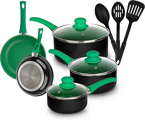 Juego de ollas y sartenes, juego de utensilios de cocina antiadherentes de aluminio, sartenes, cazuela con tapa, sartén y utensilios, juego de