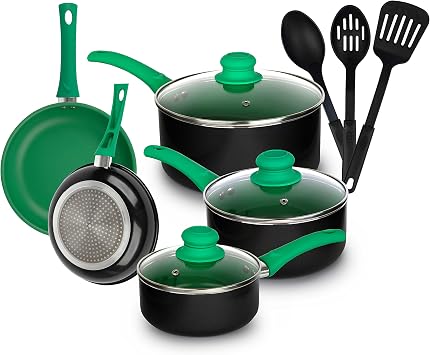 Pots and Pans Set, Aluminum Nonstick Cookware Set, Fry Pans, Casserole with Lid, Sauce Pan, and Utensils, 11 Piece Cooking Set Green