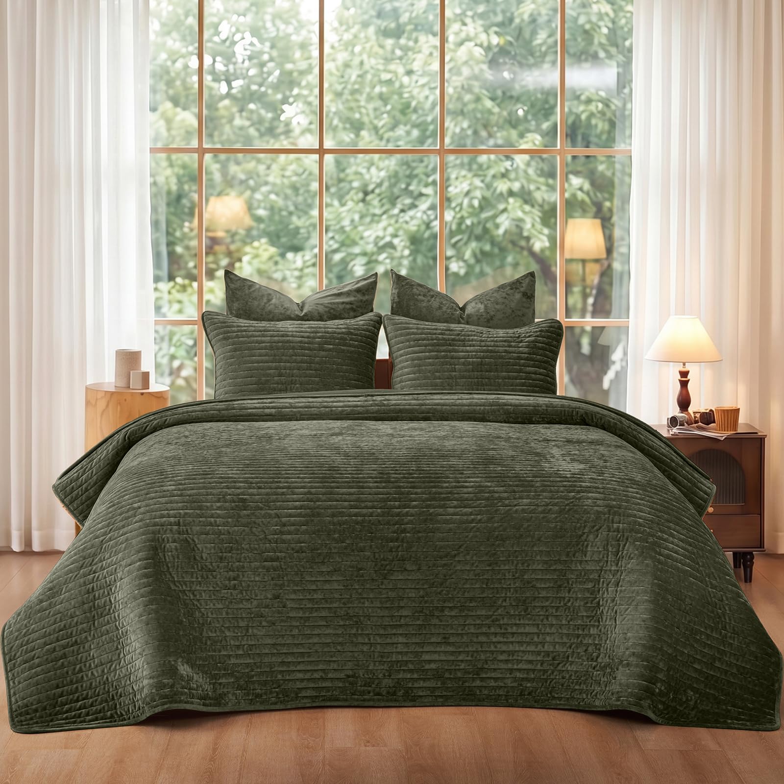 phf luxury velvet quilt set king size â€“ 3pcs ultra soft quilted comforter alternative with striped channel, cozy quilted bedspread, 1 coverlet with 2 matching shams, 108" x 92", smokey olive
