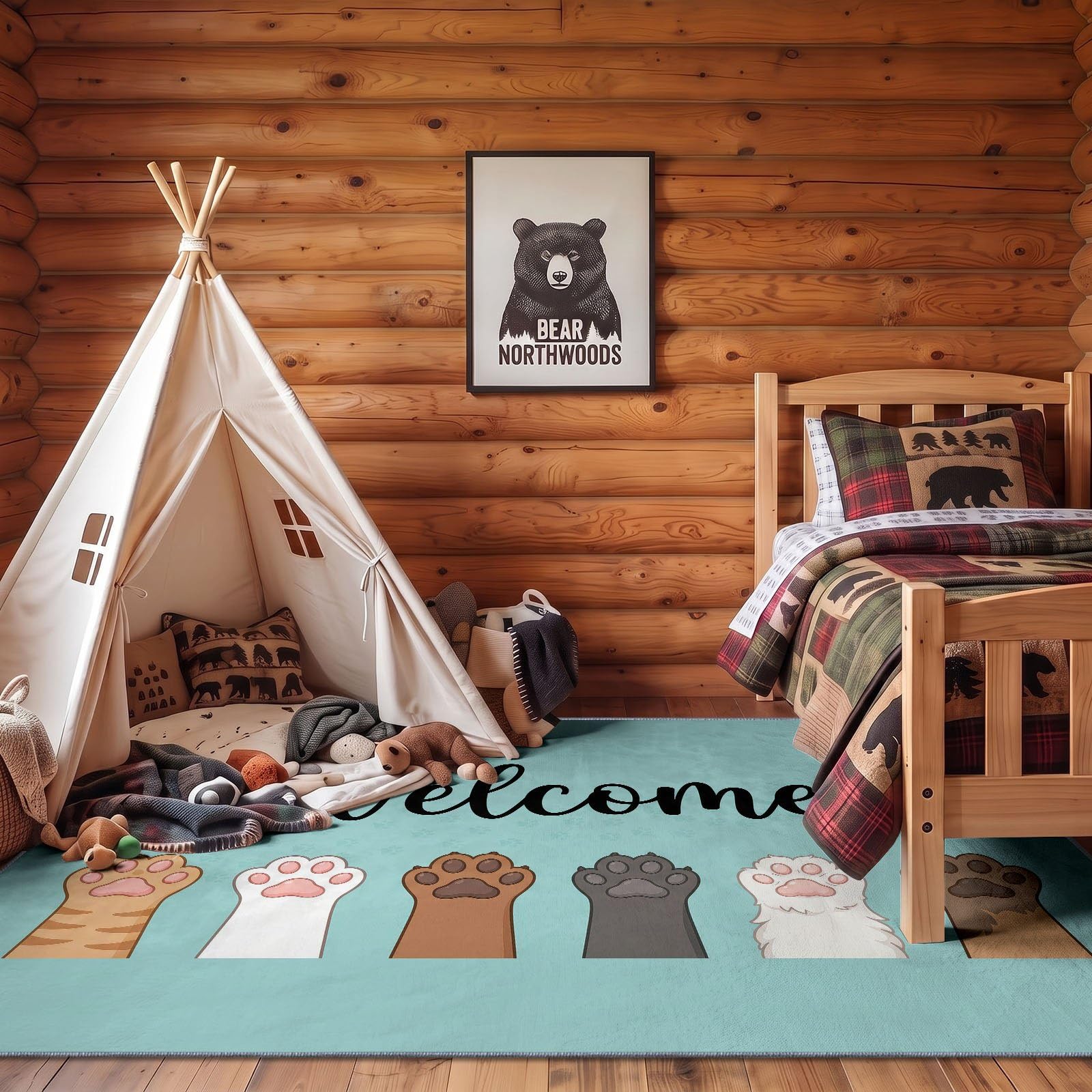 80 x 150 cm Waschbar Teppich Cartoon Minimalistisch Katzenpfote Willkommen Text Weiche Rutschfeste Bodenmatte für Schlafzimmer Wohnzimmer Küche Kinderzimmer, Kurzflorige Flauschige Matte, Blau Schwarz