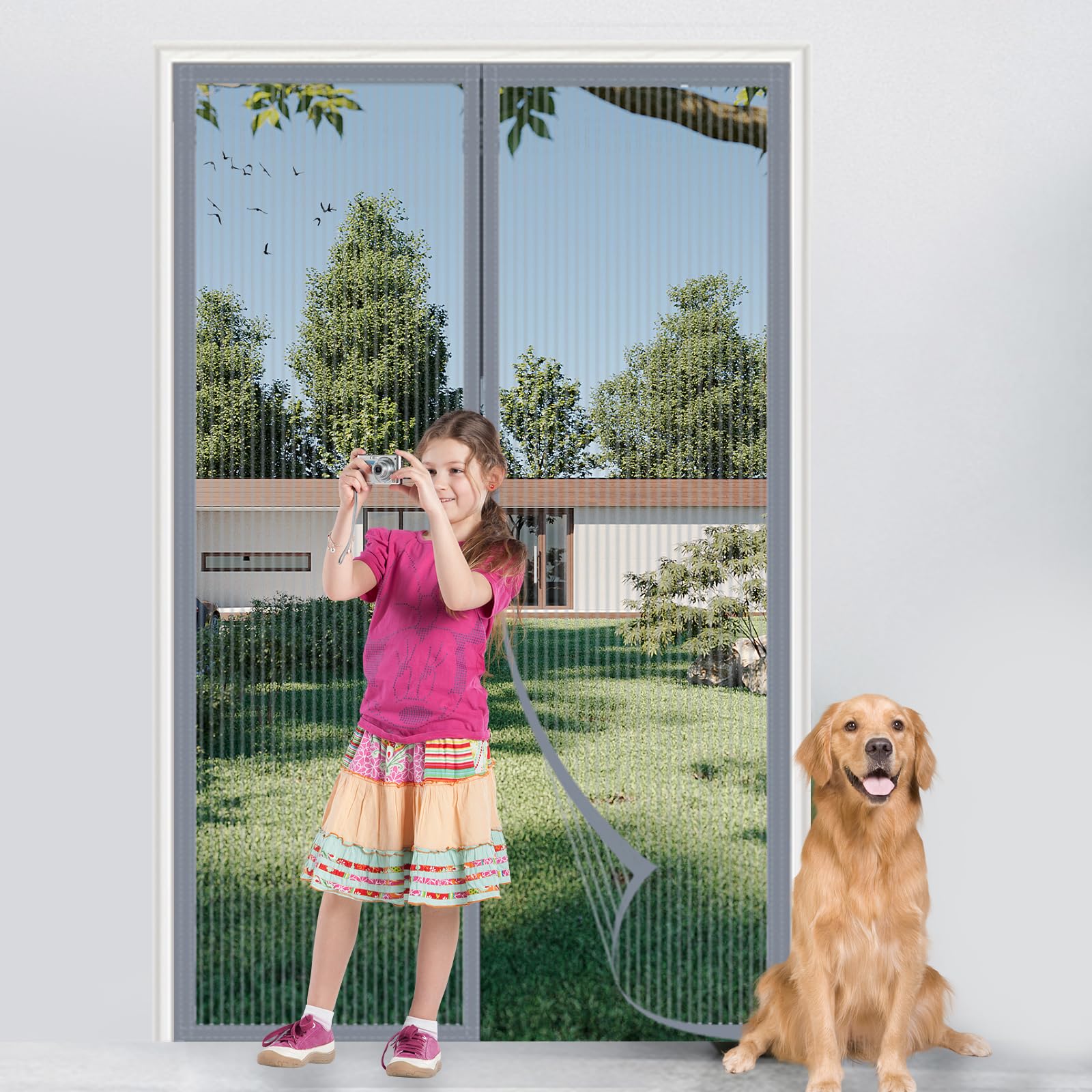 Magnetic Screen Door, Fly Insect Screen Door Screen Mesh Curtain with Powerful Magnets and Full Frame Hook&Loop, Easy to Install, Insect Protection Door No Gap (Grey, 90x210cm)