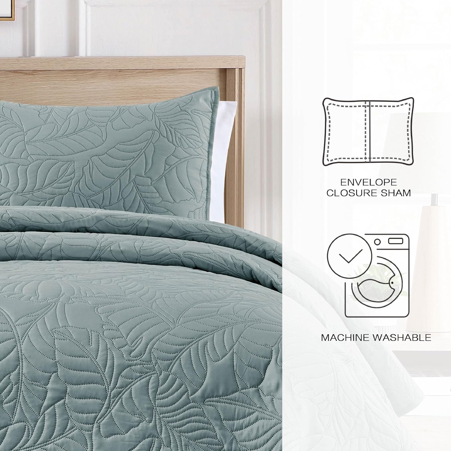 BOURINA Ultrasonic Quilt Set 3-Piece Bedding Set Pre-Washed Microfiber Ultra Soft Lightweight Leaf Bedspread Coverlet Set for All Season, Queen Aqua
