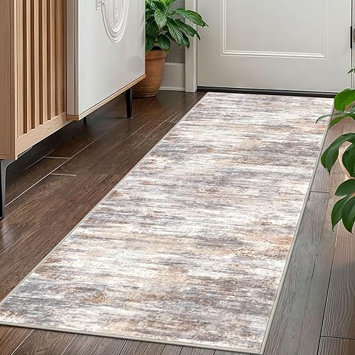 Miniatura 75 de KOZYFLY Alfombra moderna abstracta lavable de 2.6 x 10 pies, antideslizante, suave, alfombra de camino de cocina, alfombra a rayas azules óxido para