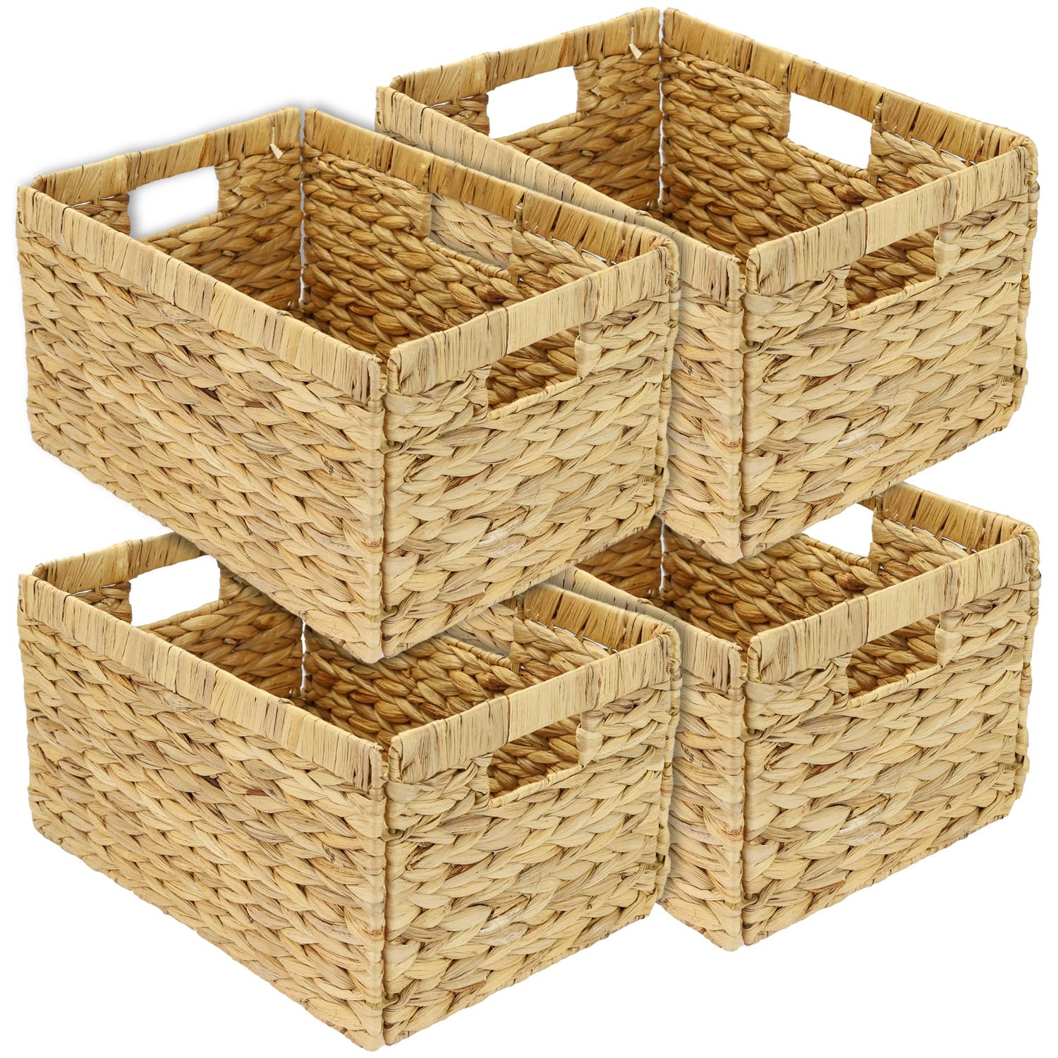 HMF Panier de rangement compatible avec étagère Billy, Panier tressé en jacinthe d’eau avec trois poignées | lot de 4 | 35 x 25 x 20 cm | naturel