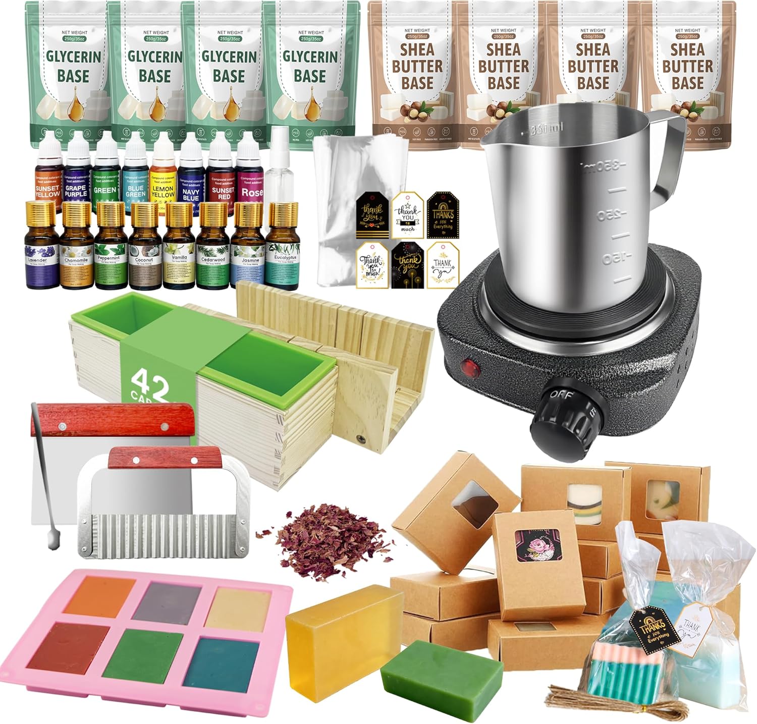 Deluxe Soap Making Supplies Kit for Adults, All-in-One Soap Making Kits with Soap Melter, 4.4 Lb Soap Base, 8 Essencial Oils,8 Dyestuffs, Silicone Molds, Soap Cutters and Packing Craft Soap Kit