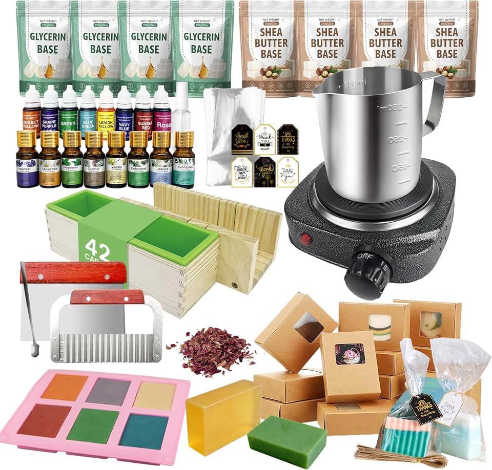 VUSIBA Deluxe Soap Making Supplies Kit with 100+ PCS Supplies for Adults | All in One Soap Kit, Electric Hot Plate, 4.4 lbs Soap Base, 8 Fragrance Oils, 8 Dyes, Soap Packing Supplies