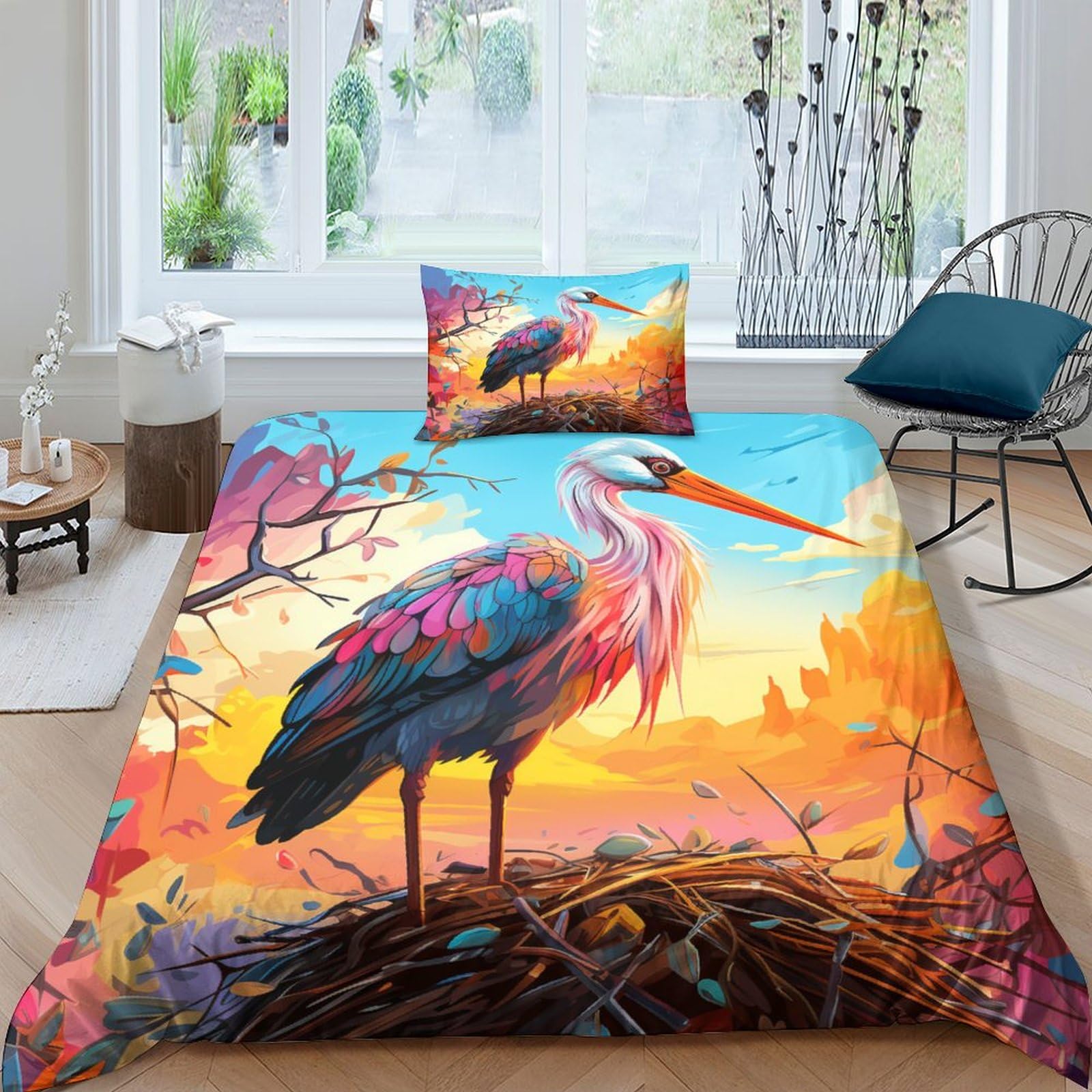 Housse de couette grues 135x200 cm avec 2 taies d'oreiller en microfibre lit simple