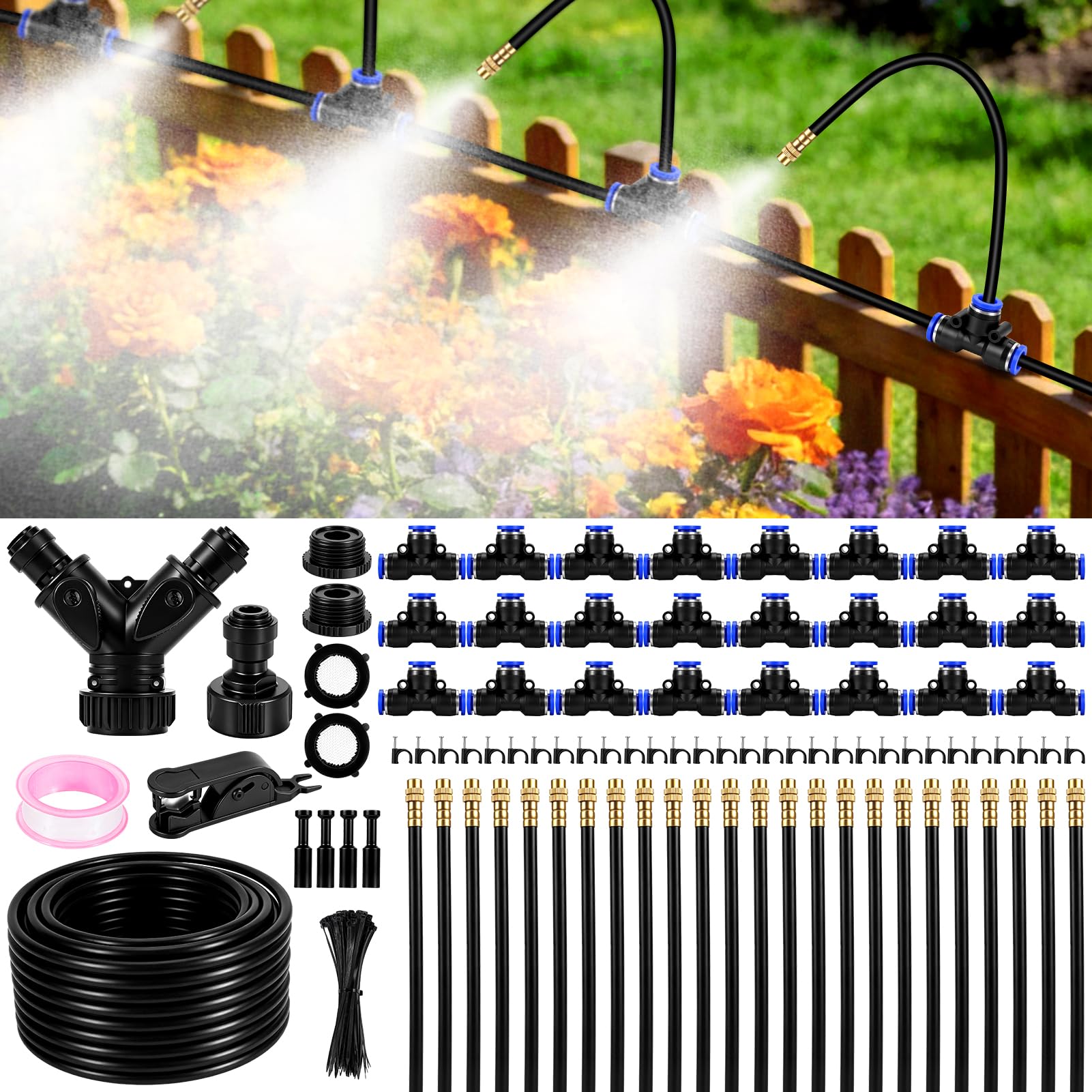 360° Curved Système D'Irrigation Jardin, 30M Kit Arrosage Automatique Avec Raccords Rapides, 24 Buses En Cuivre Orientables, Système D'Irrigation Goutte À Goutte Pour Plantes, Jardin, Pelouse Et Serre