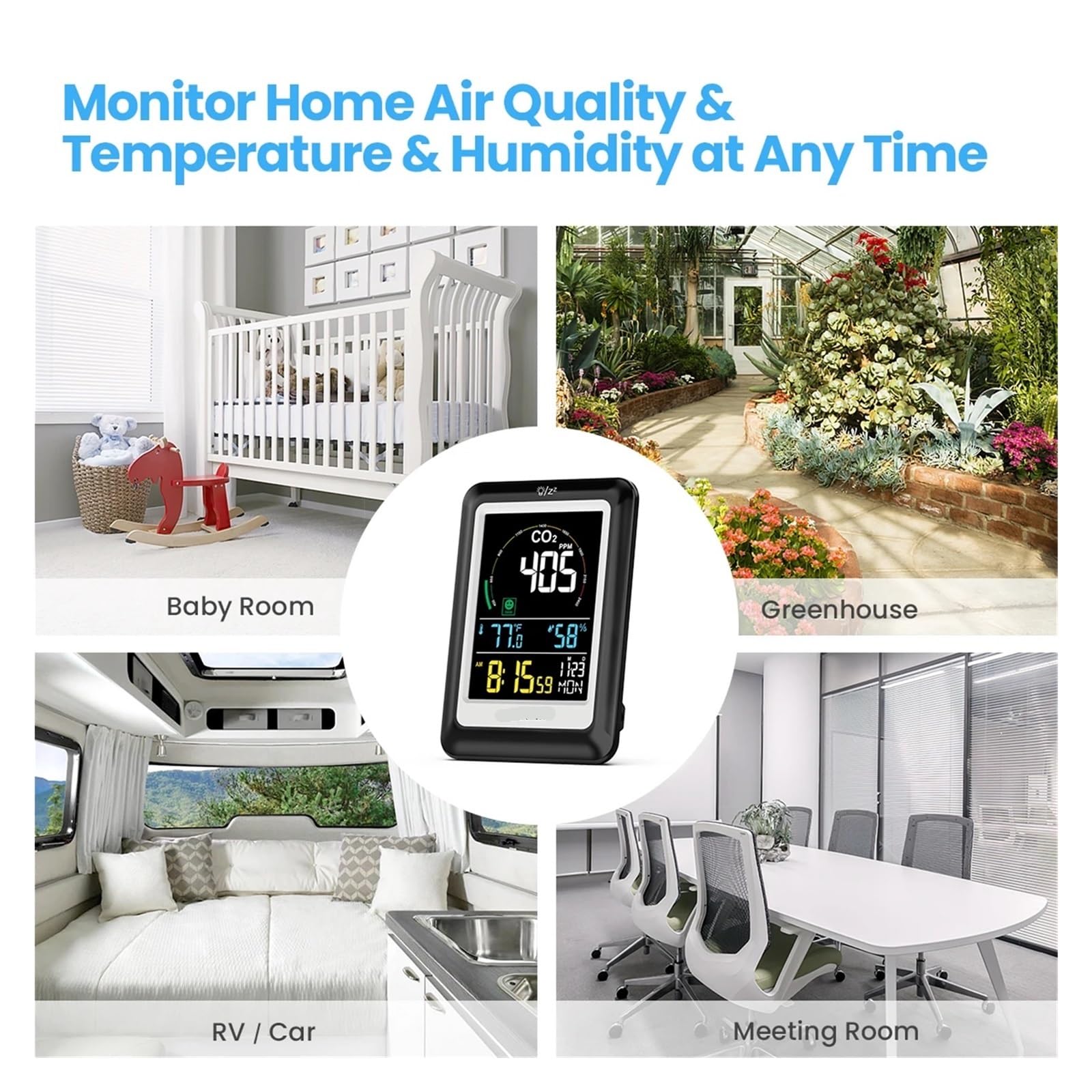 monitor co2, 5 w 1 Monitor jakości powietrza Miernik CO2 dwutlenku węgla czasie rzeczywistym Cyfrowy czujnik temperatury i wilgotności do domu, biura, samochodu(C1 White)