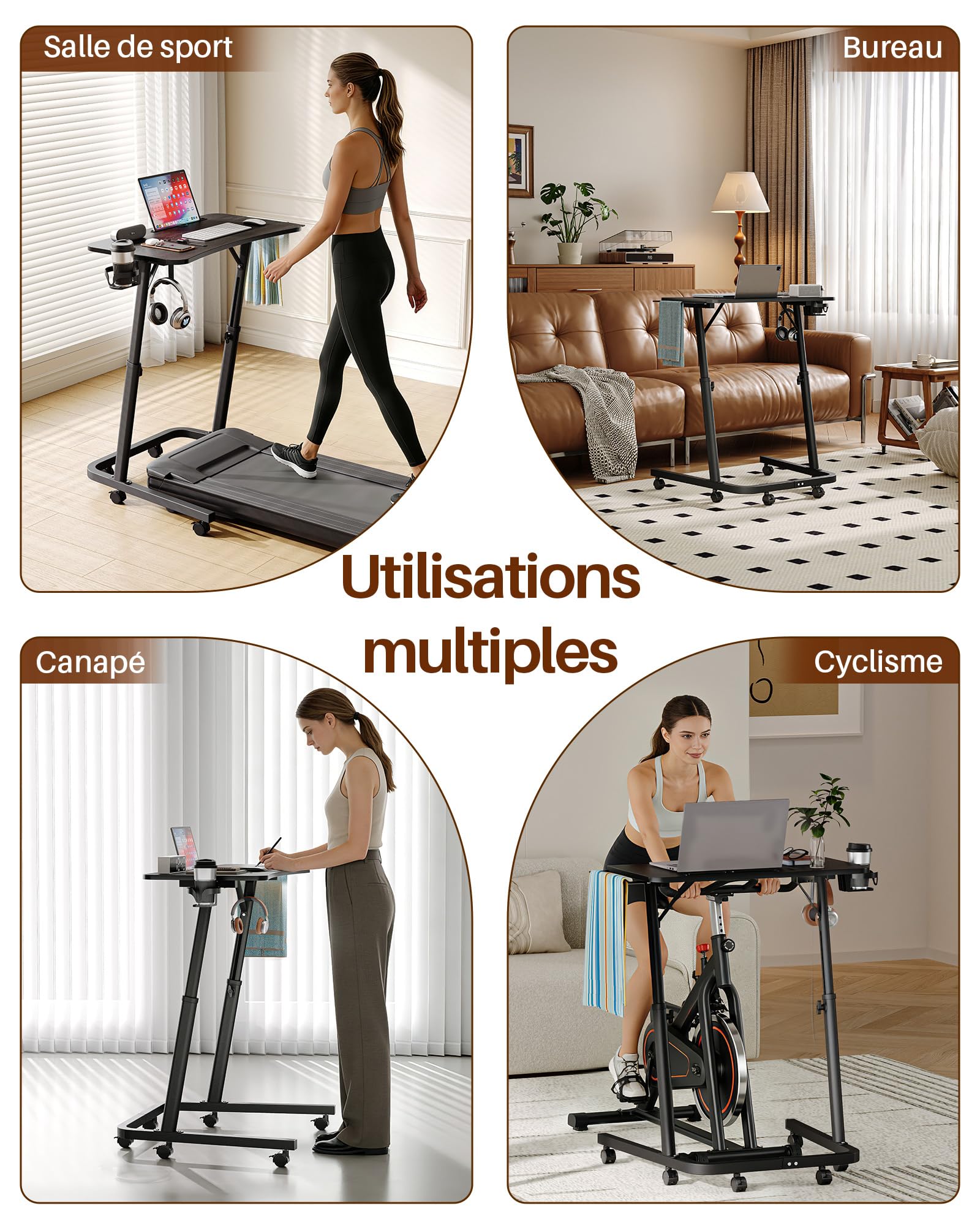 Table d'entraînement à roulettes pour vélo avec hauteur réglable et roulettes, table de chevet et table pour ordinateur portable, table d'appoint réglable en hauteur pour vélo d'intérieur et tapis de