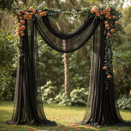 Tela de cortina de arco de boda, 2 paneles de 18 pies, cortinas de gasa transparente negra de 6 yardas para decoración de boda, ceremonia de