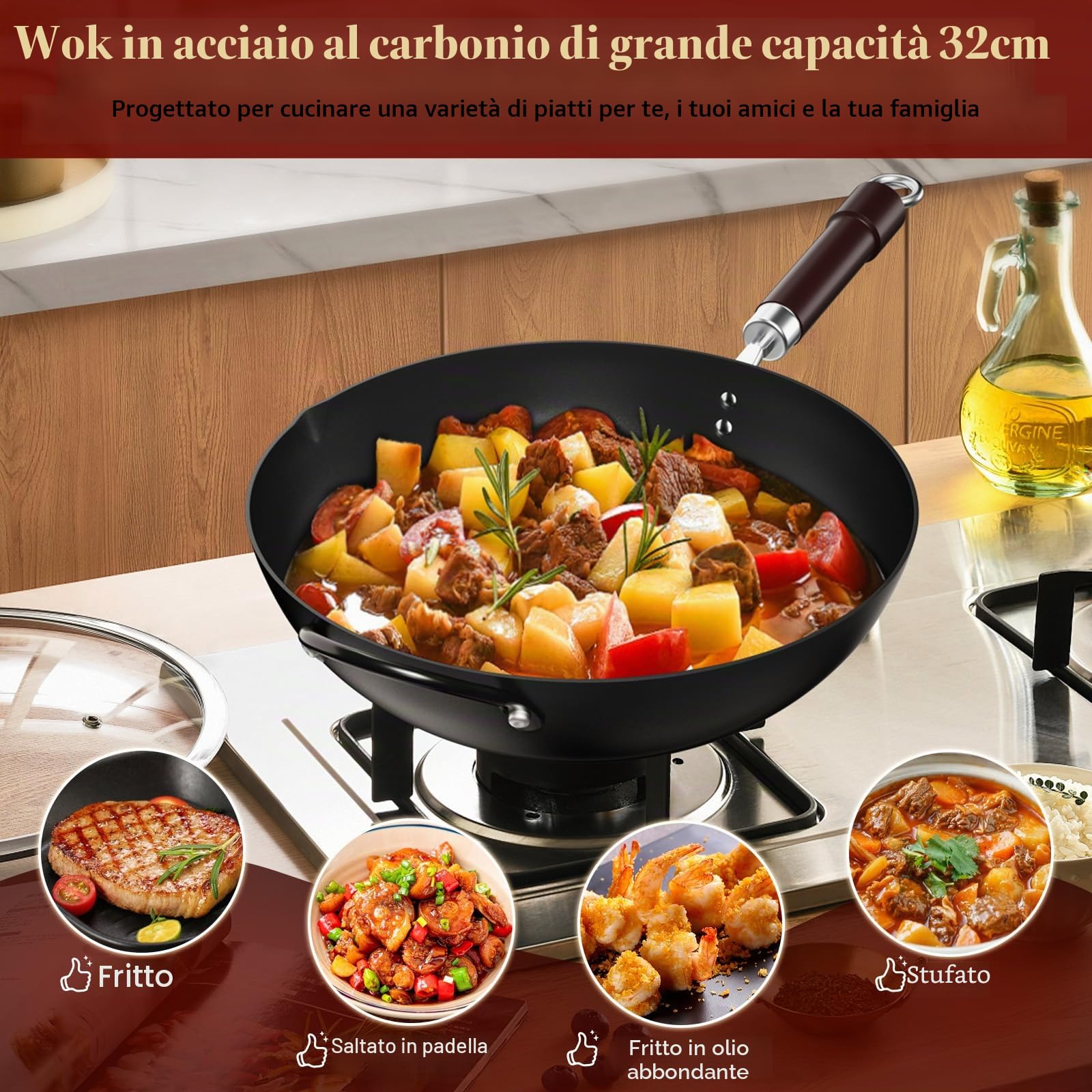 Jobin 32 cm/12,6'' Wok Antiaderente in Acciaio al Carbonio con Coperchio, Manici in Legno e Acciaio Può Cucinare Piatti Asiatici per 3-5 Persone - Fondo Piatto