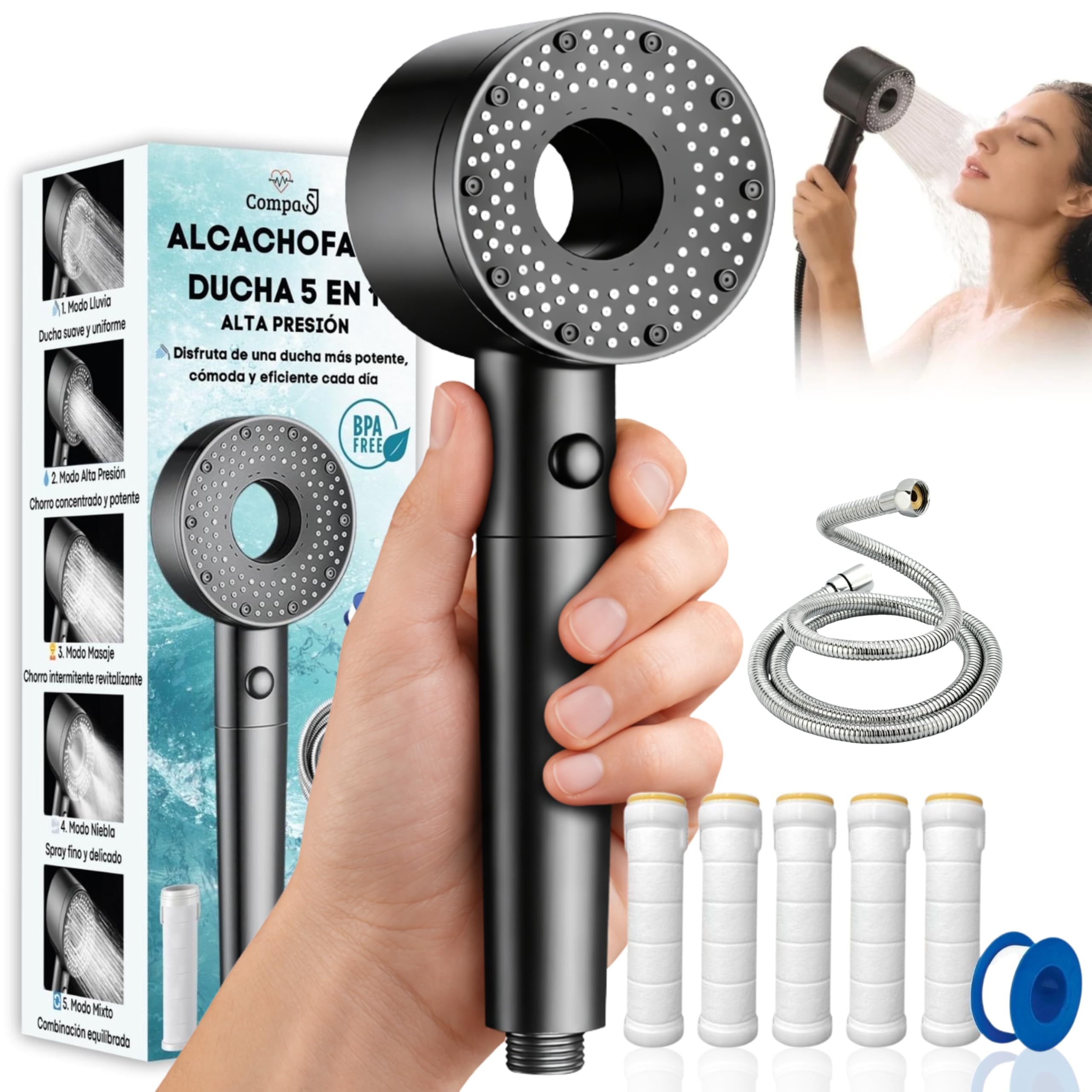 Alcachofa De Ducha GEFIRE Antical Negra Con Filtro De PP Y 2 Paquetes De Bolas Minerales, 6 Modos