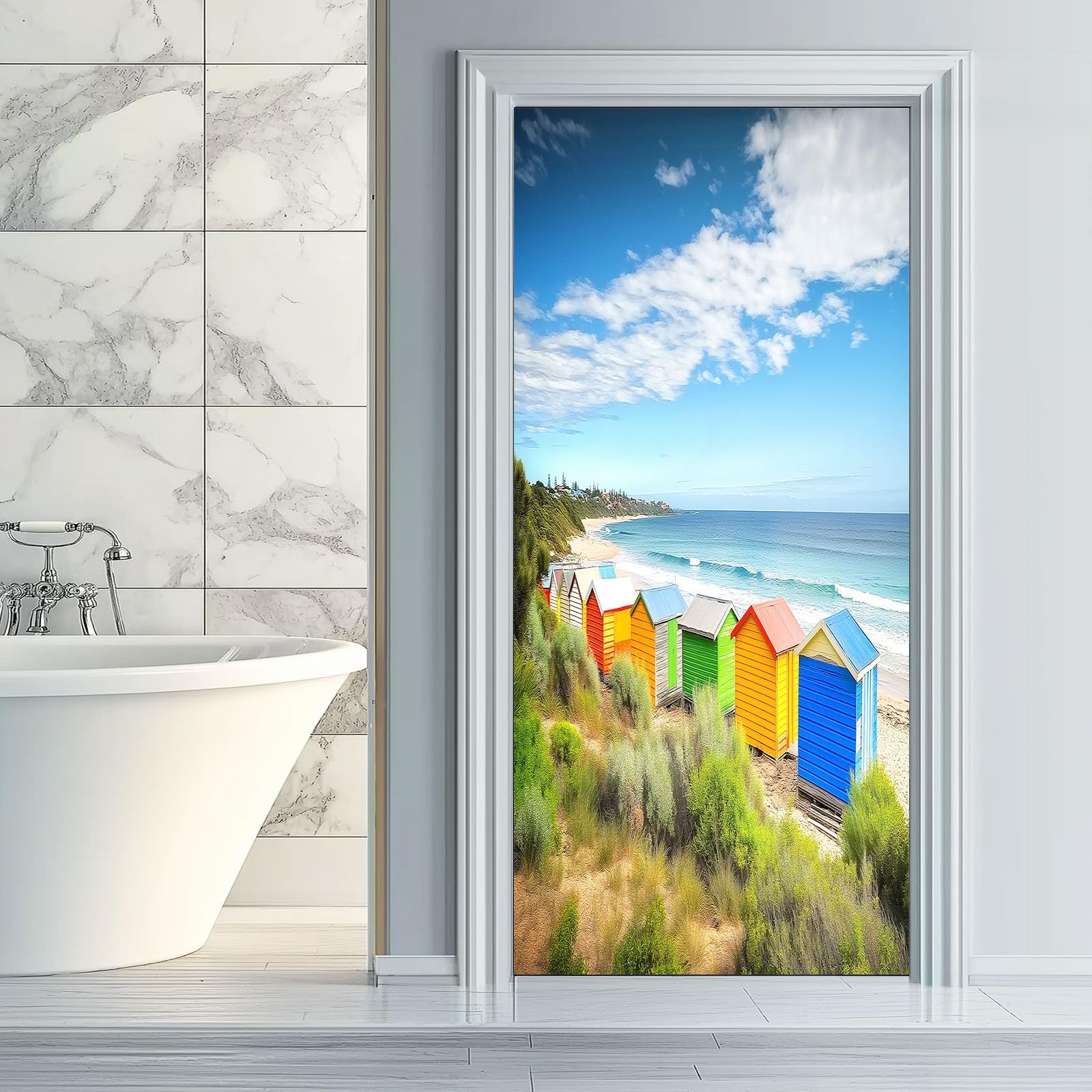 Naklejka na drzwi 3D, samoprzylepna, PCW, 90 x 200 cm, zdejmowana farba, wodoszczelna, do sypialni, kuchni, łazienki, biura, dekoracja na drzwi - nadmorska chatka, plaża, roślina, naklejka na drzwi
