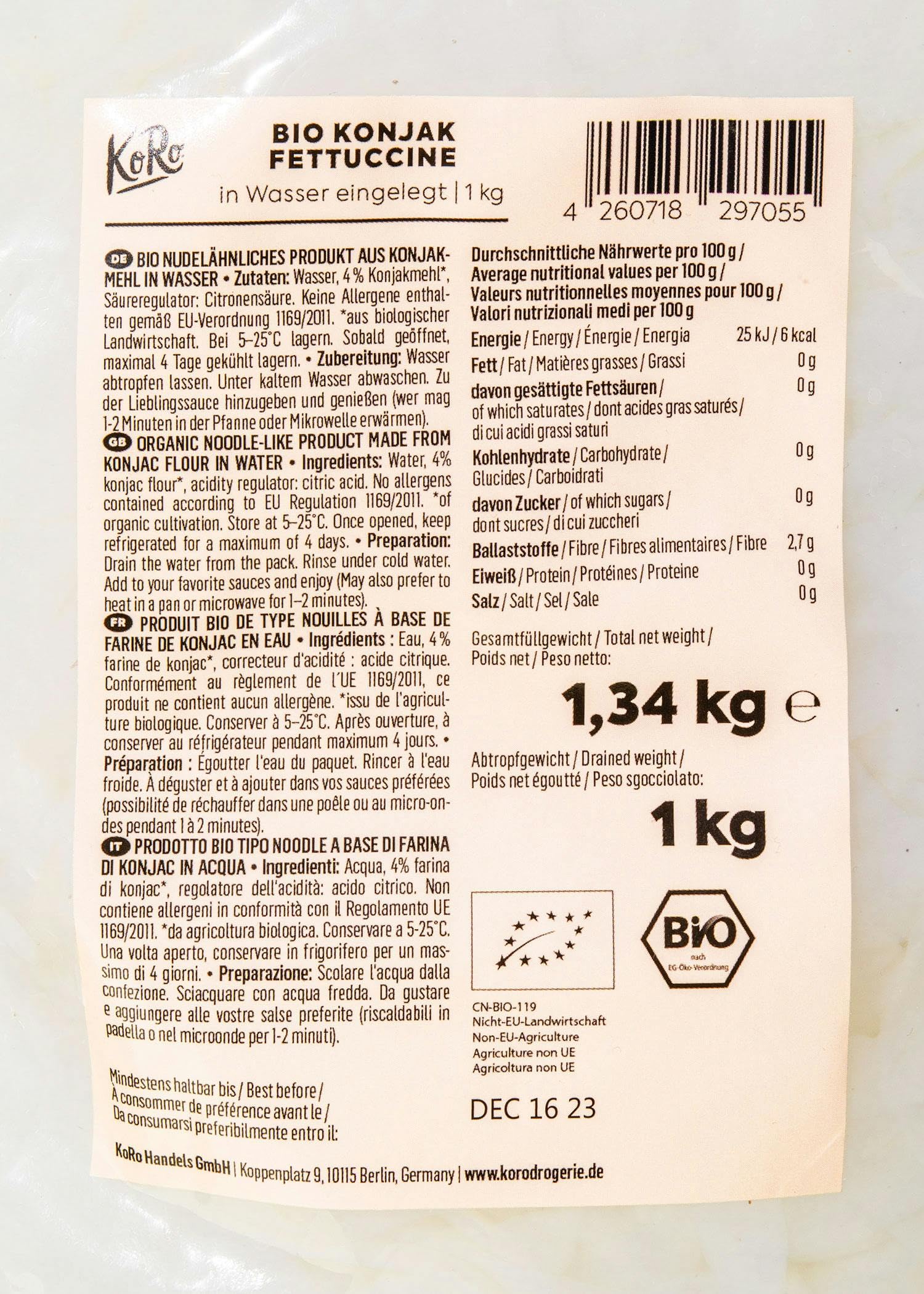 KoRo - Bio Konjak Fettuccine in Wasser 1 kg - Kalorienarm - Vegan - Verzehrfertig