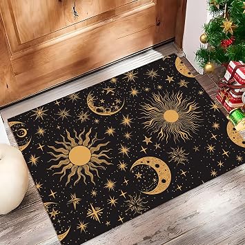 13"X2 Washable Entry Rug Door Mat Indoor Entrance, Mysterious Sun and Starry Sky Small Rug for Kitchen Bedroom, Non-Slip Stain Resistant Throw Carpet Fantasy Tarot Entryway Decor, Black Gold