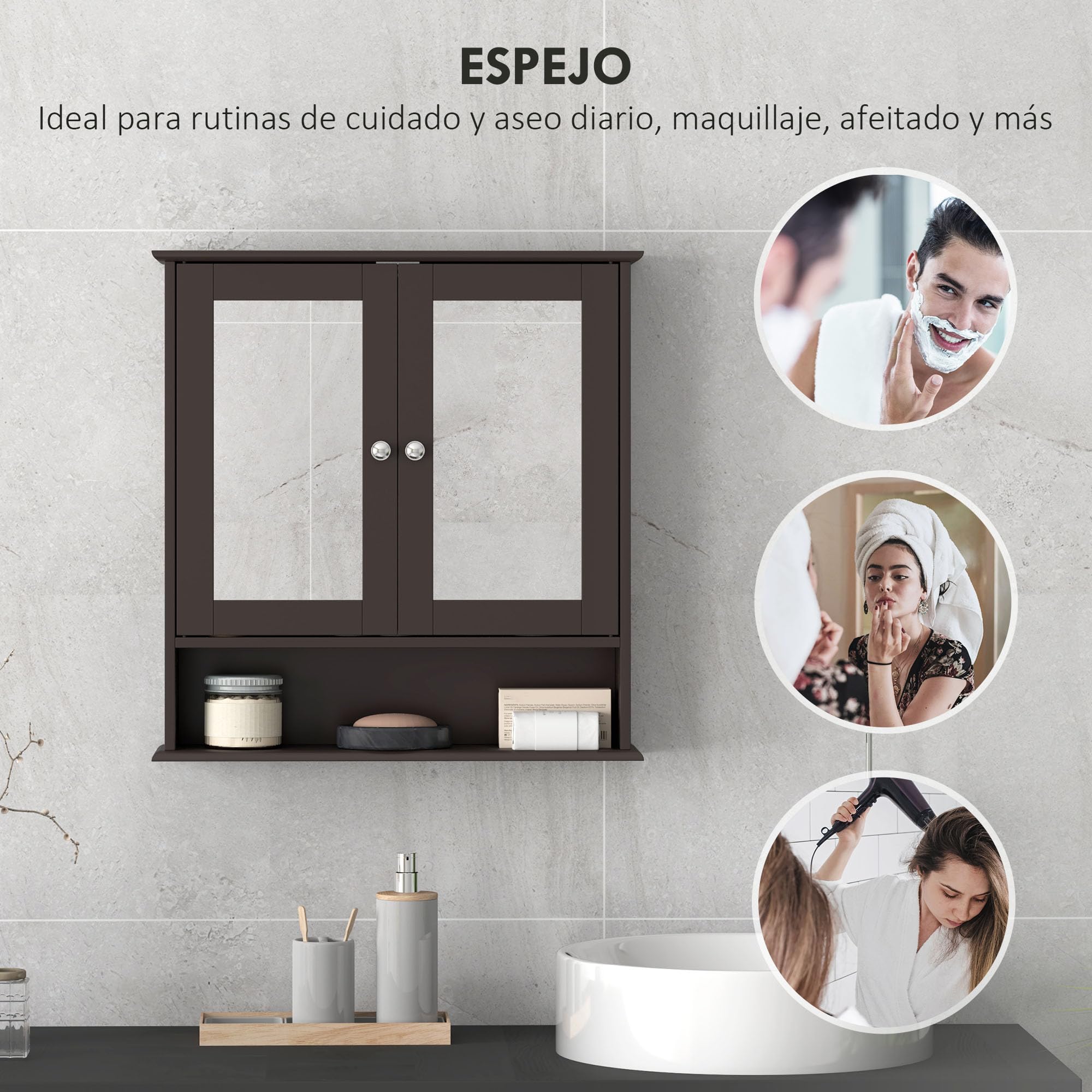 kleankin Armario de Baño con Espejo, Armario de Pared con 2 Puertas, Estante Abierto, Estante Ajustable, Mueble de Baño Colgar para Cocina, Salón, 56x13x58 cm, Marrón Oscuro
