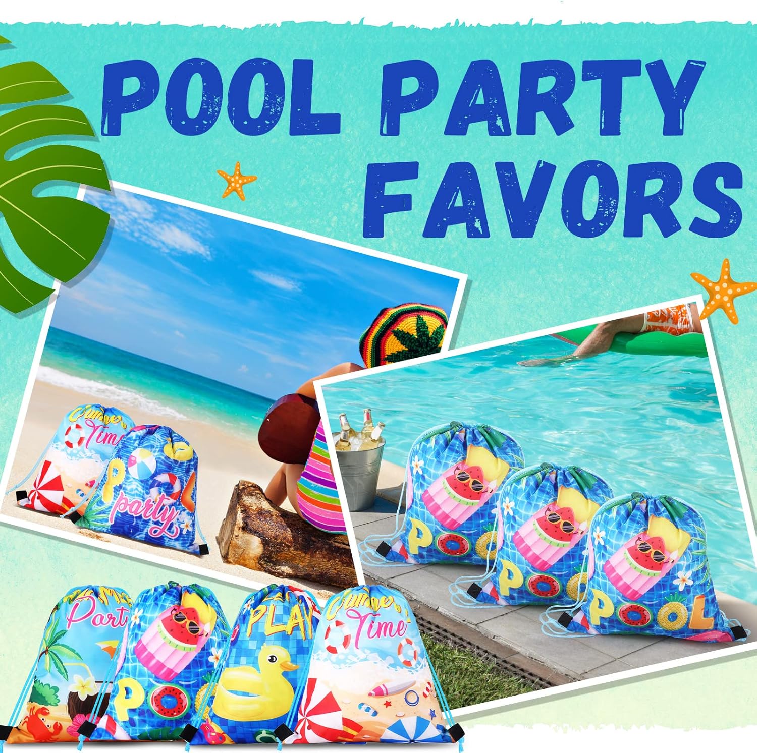 Hosuly 24 Pcs Pool Party Favor Drawstring Bags Gift Hawaiian Backpack Favors Goodie Candy Treat Bags Beach for Birthday Bridal Shower Beach Hawaiian Party Supplies