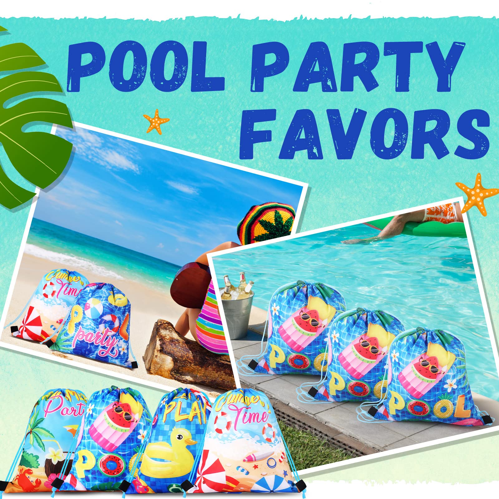 Hosuly 24 Pcs Summer Pool Party Favor Drawstring Bags Hawaiian Backpacks Swimming Pool Party Decoration Goodie Treat Gift Bags Beach for Kids Boy Girl Summer Birthday Beach Hawaiian Supplies