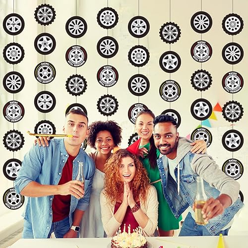 Miniatura 6 de 8 piezas de decoración de fiesta de coches de carreras, guirnaldas de neumáticos de rueda, pancartas de papel para neumáticos de automóvil, recortes