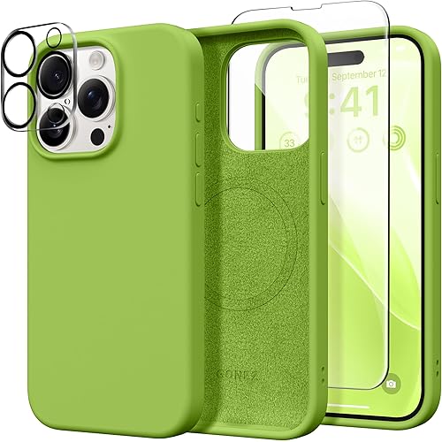 GONEZ for iPhone 15 Pro Case Compatible with Magsafe, [Screen Protector + Camera Lens Protector], Soft Silicone Shockproof Anti-Scratch Full Body Protective Phone Case 6.1" 2023, Sprout Green