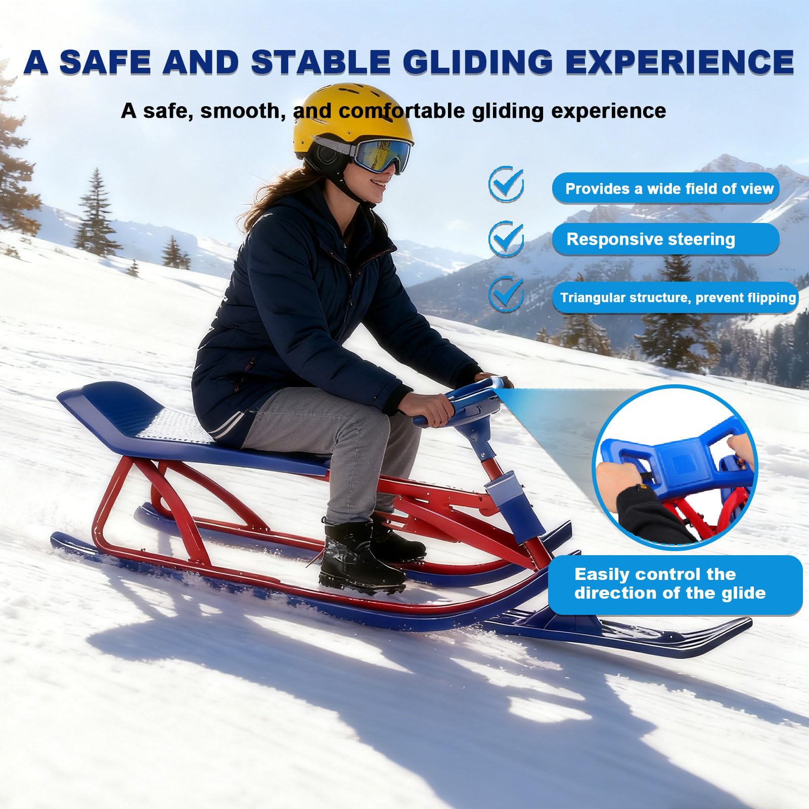 Slitta da Sci,Slitta da Neve,Slitta da Sci per Adulti E Bambini,con Volante E Doppi Freni,Slitta da Neve per Impieghi Gravosi per Sport Invernali,capacità di Carico di 220 Libbre A