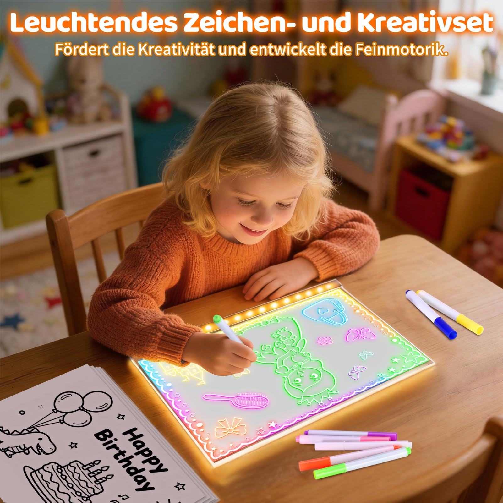 LED Zeichenbrett,30x20cm Led Maltafel Kinder mit 15 doppelseitiges Pauspapier (30 Skizzen), 7 Farbmarker, Notiztafel mit Farben, Notiztafel Kreatives Geschenk Spielzeug für Kinder