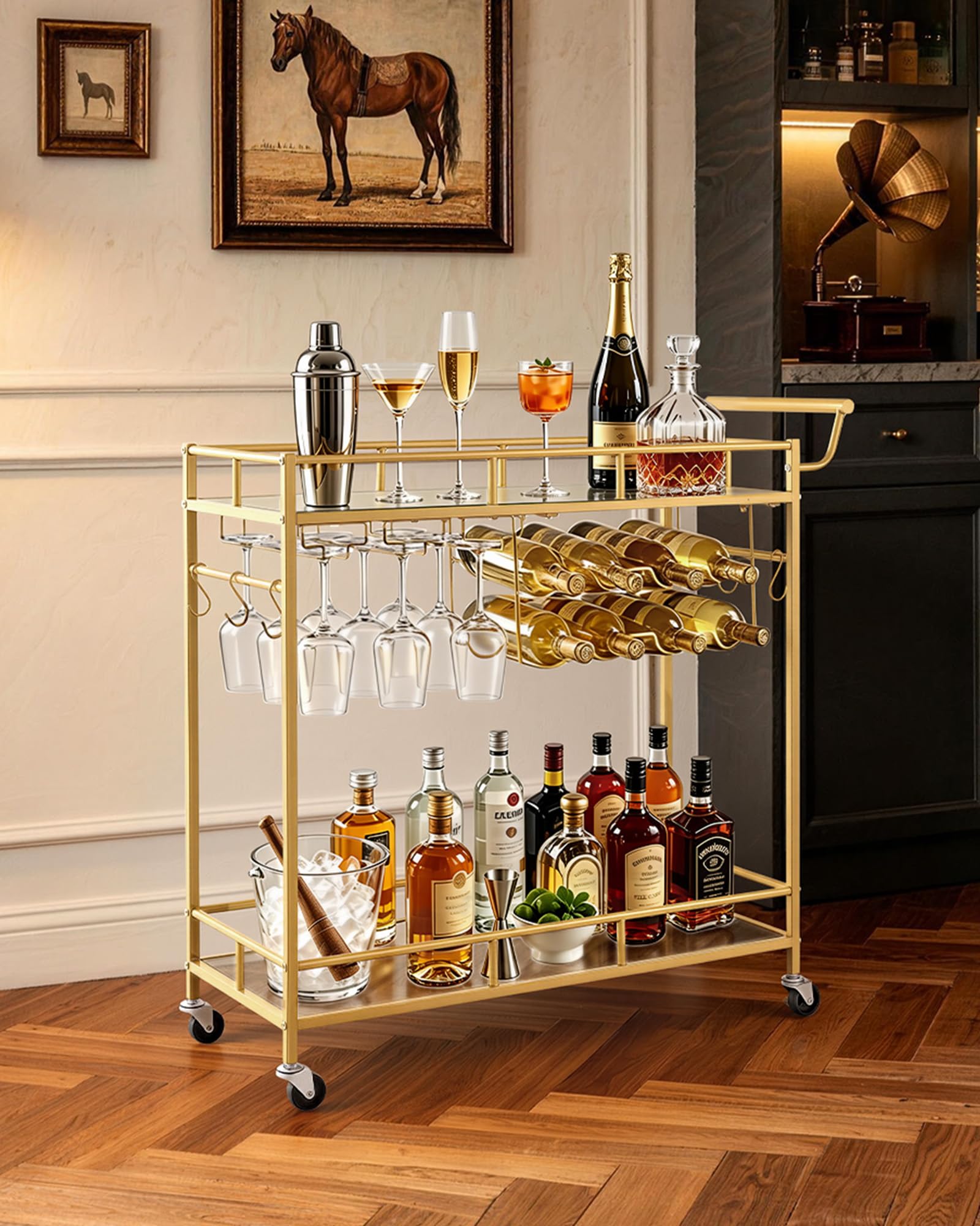 VEVOR Carro de Bebidas con Botellero de 2 Niveles, Carrito de Servicio con Ruedas y Asa, Estantes de Vidrio Espejado, Soporte para Copas, para Sala de Estar, Comedor, Cocina, 88x35x89 cm, Dorado