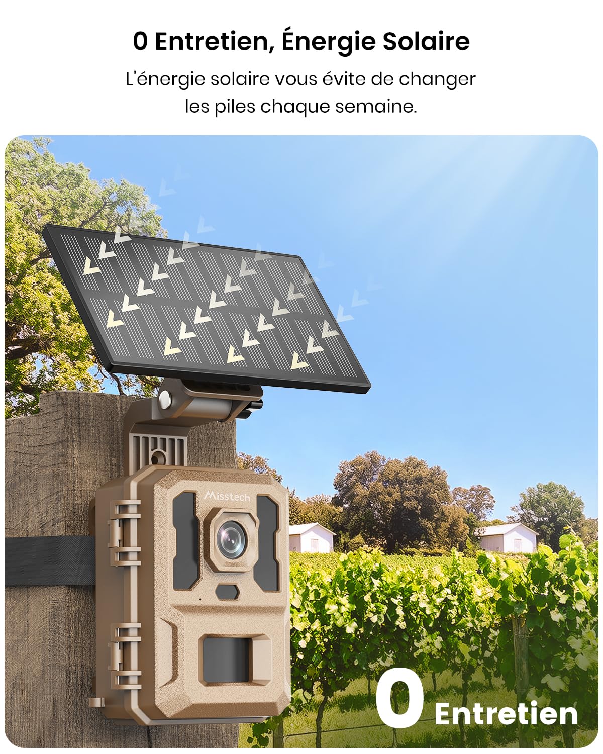 Misstech Caméra de Chasse Solaire 4K 64MP, Vision Nocturne, sans Abonnement | Déclenchement 0,1s, Vision Nocturne, IP66 Étanche, Stockage Local, Idéal pour Jardin, Ferme, Forêt et Observation de la Faune