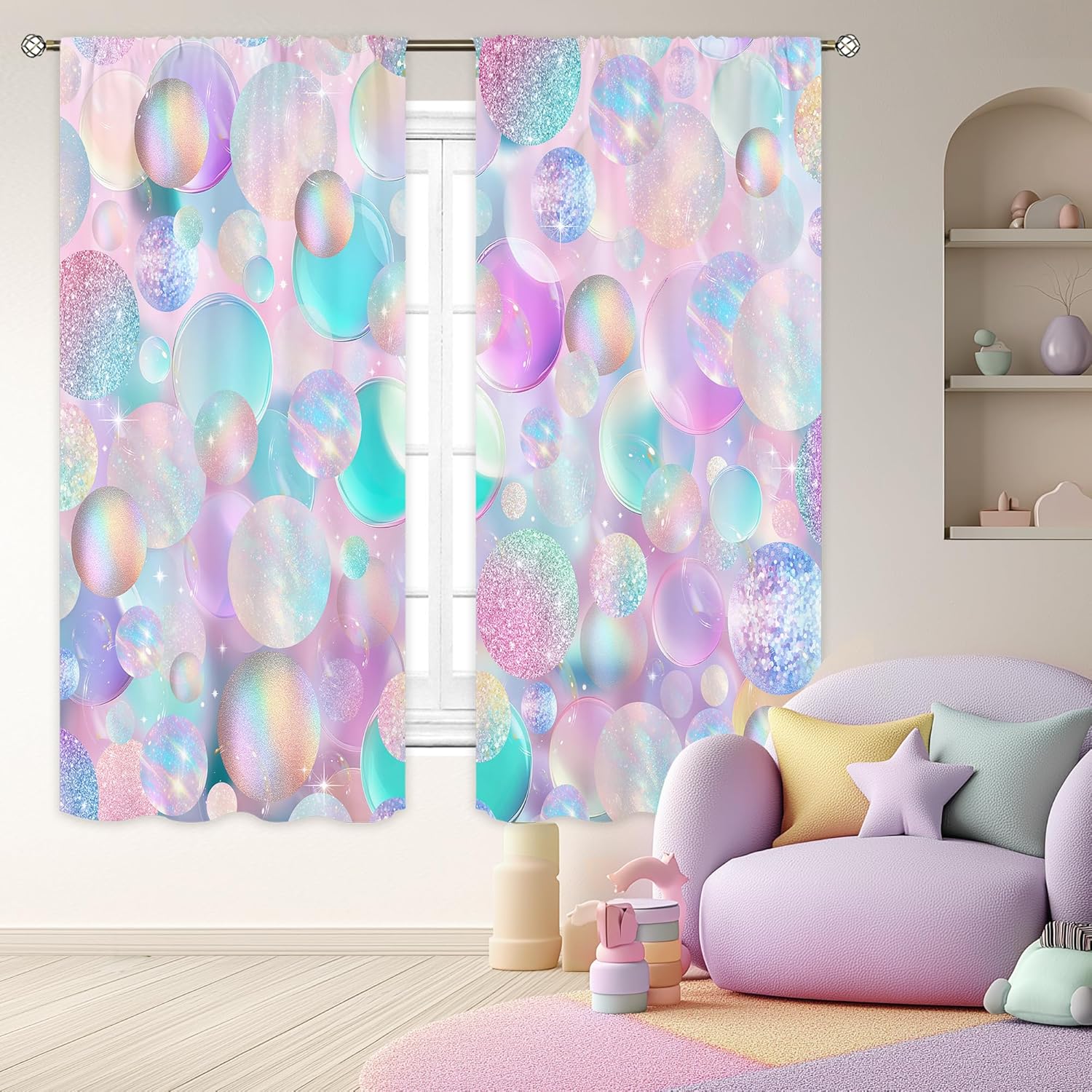 Cinbloo Girly Blue Purple Teal Curtains 42W x 45L Inch Rod Pocket Not Glitter Colorful Pink Spot Girls Bedroom Decor Ombre Turquoise Dots Mermaid Princess Living Room Window Drapes Fabric 2 Panel
