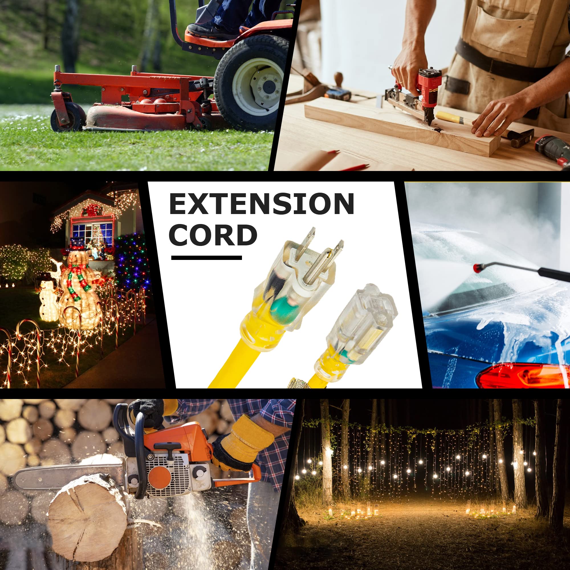 YOJOE Cable de extensión para interior y exterior con extremo iluminado, cable de alimentación resistente a la intemperie, calibre 12, cable de extensión amarillo para garaje, jardín
