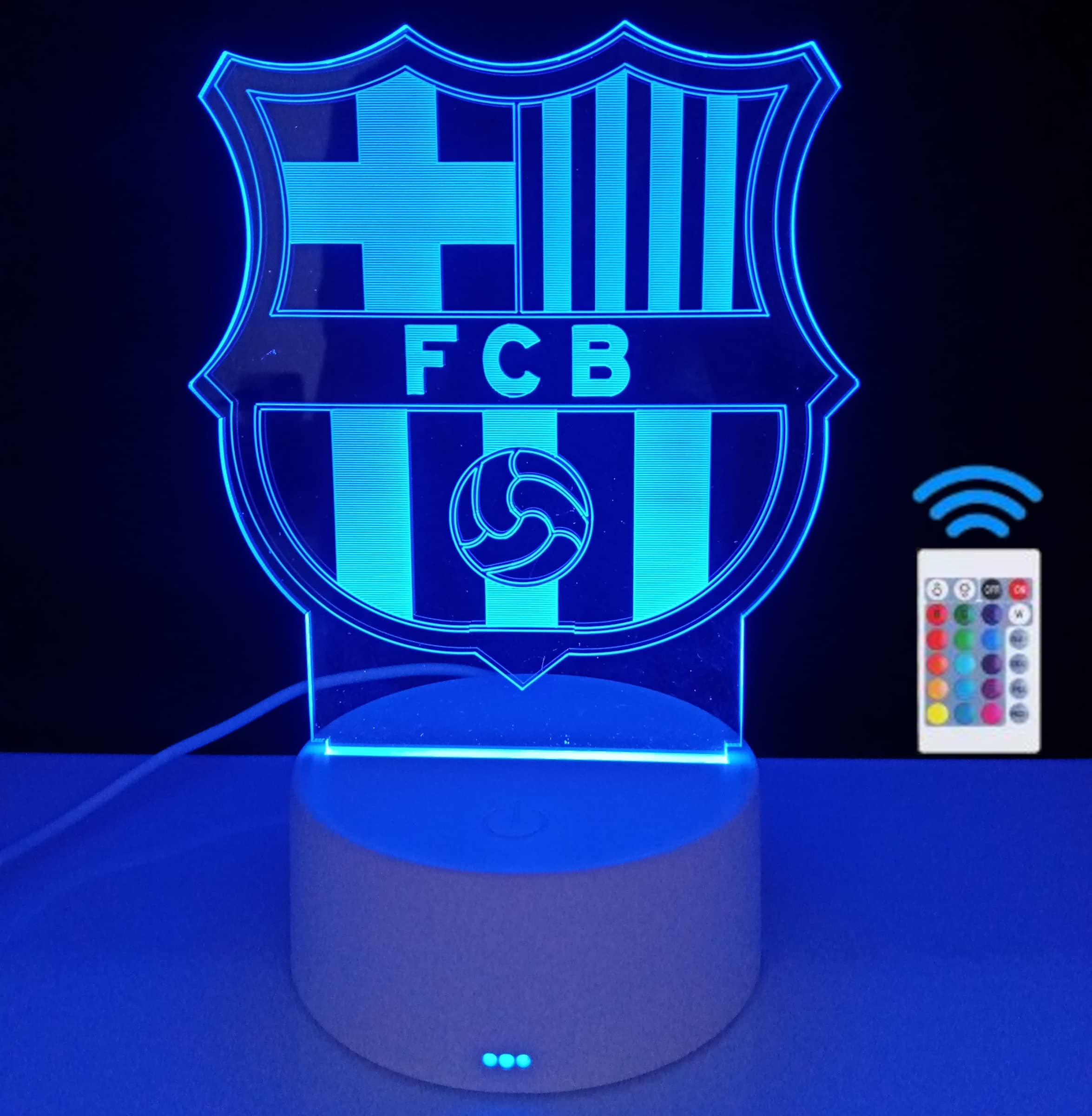 famvacor Lámpara Led decorativa mesita de noche barcelona lámpara led de mesa futbol ilusión optica 3D para regalo, 16 colores de iluminacion y mando a distancia