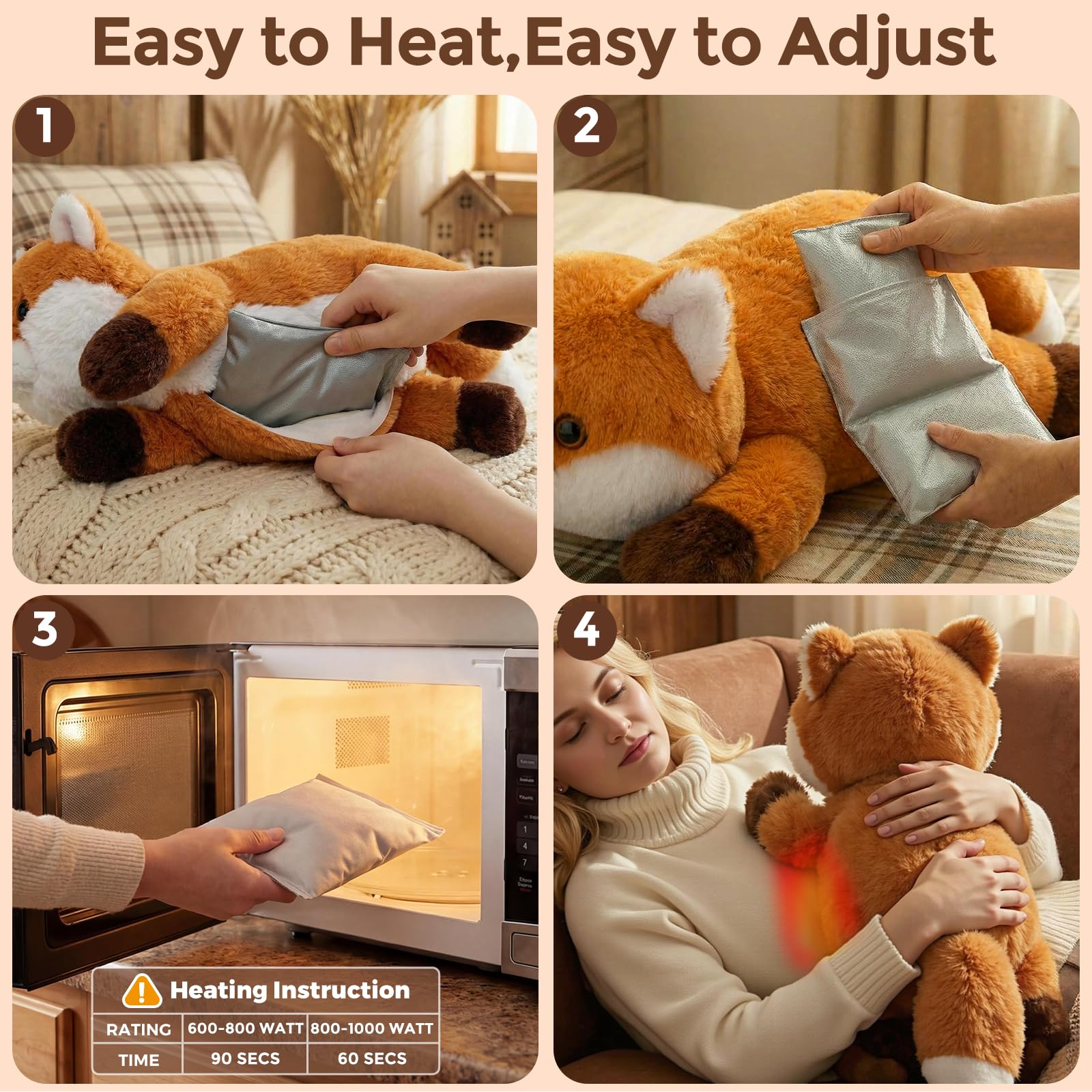 Mewaii Peluche de Zorro con Peso 2-5 LB, 23", Calentable y Enfriable, Apto para Microondas, Almohadilla Interior Extraíble y Ajustable, Regalo Suave para Adultos y Niños, Rojo