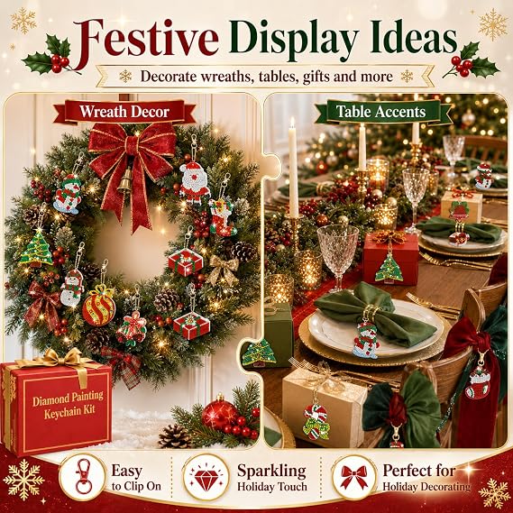 Yaomiao 17 Pcs Double Sided Diamond Art Christmas Ornaments Keychains 5d | Snowman Christmas Diamond Art Keychains Kit for Adult DIY 5d Painting Round Drill Xmas Crystal Rhinestone Arts Craft Supplies